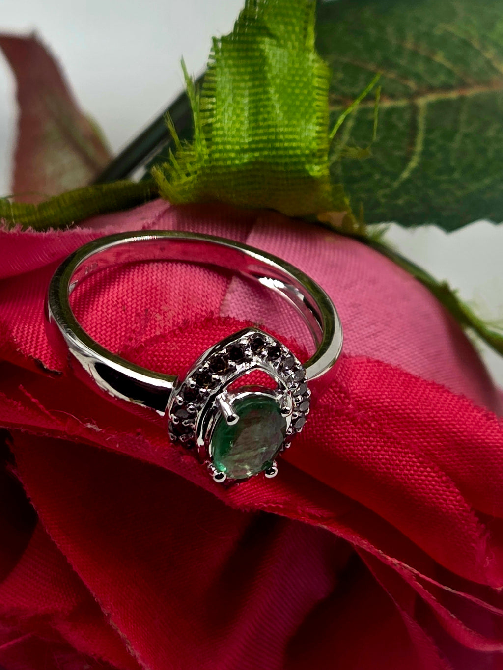 Natural Emerald and Diamond Sterling Silver Ring