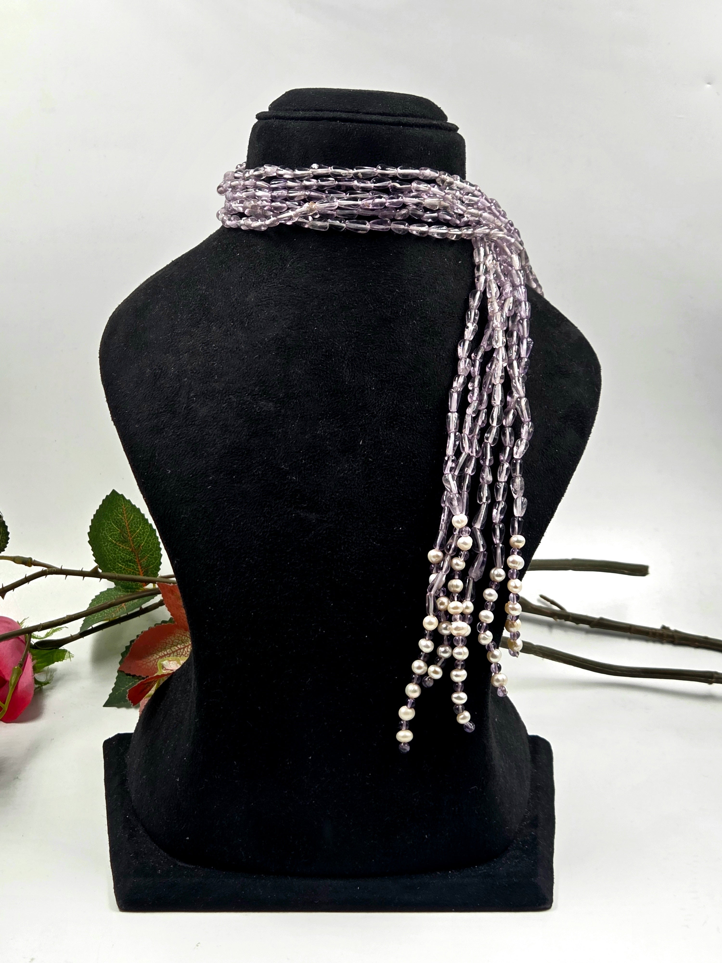 6-Strand Amethyst Scarf Necklace with Freshwater Pearls