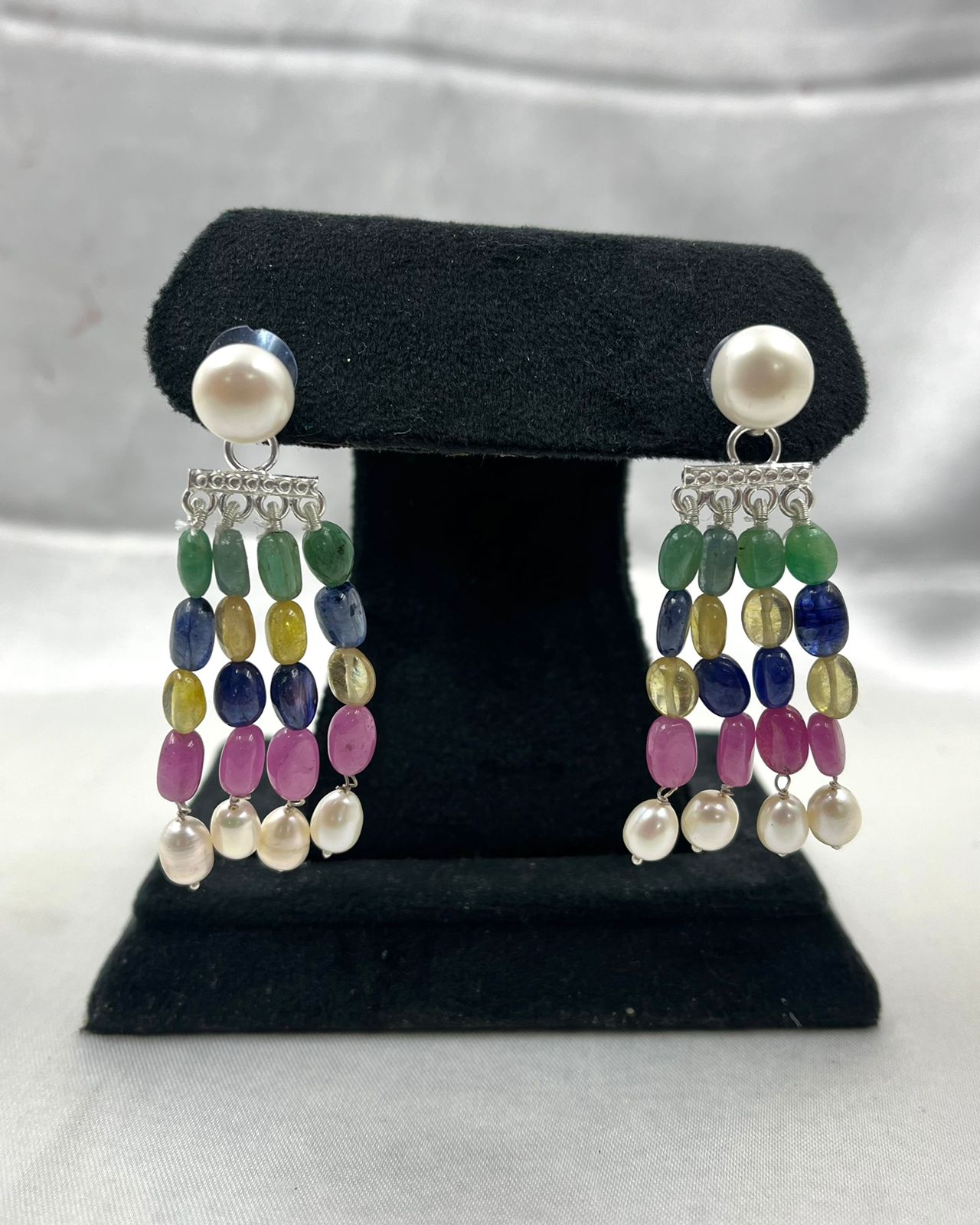 Sterling Silver Earrings with Natural Emerald, GF Ruby, GF Sapphire & Freshwater Pearls – 22.82g
