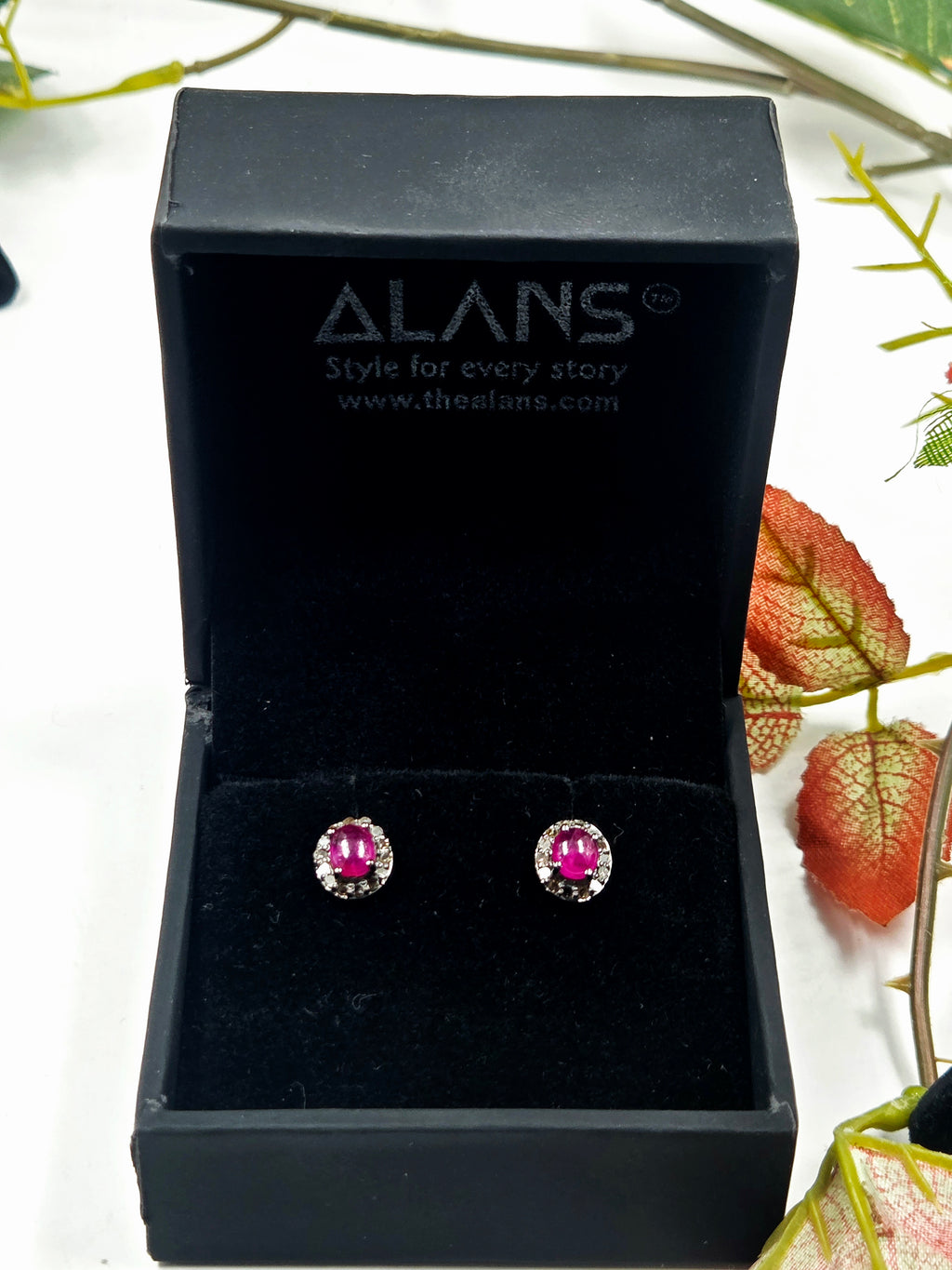Natural Diamond & GF Ruby Halo Stud Earrings in Sterling Silver