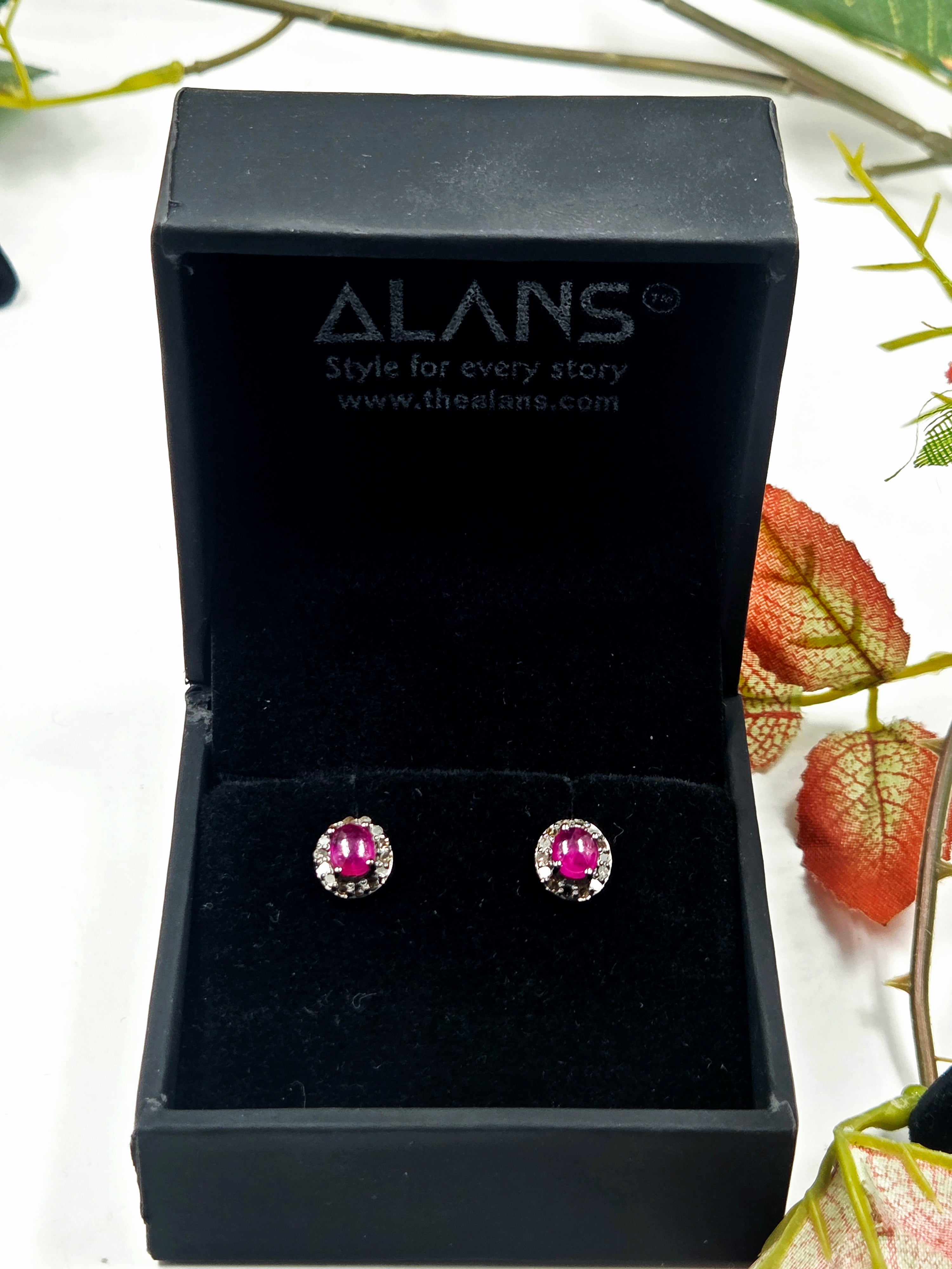 Natural Diamond & GF Ruby Halo Stud Earrings in Sterling Silver