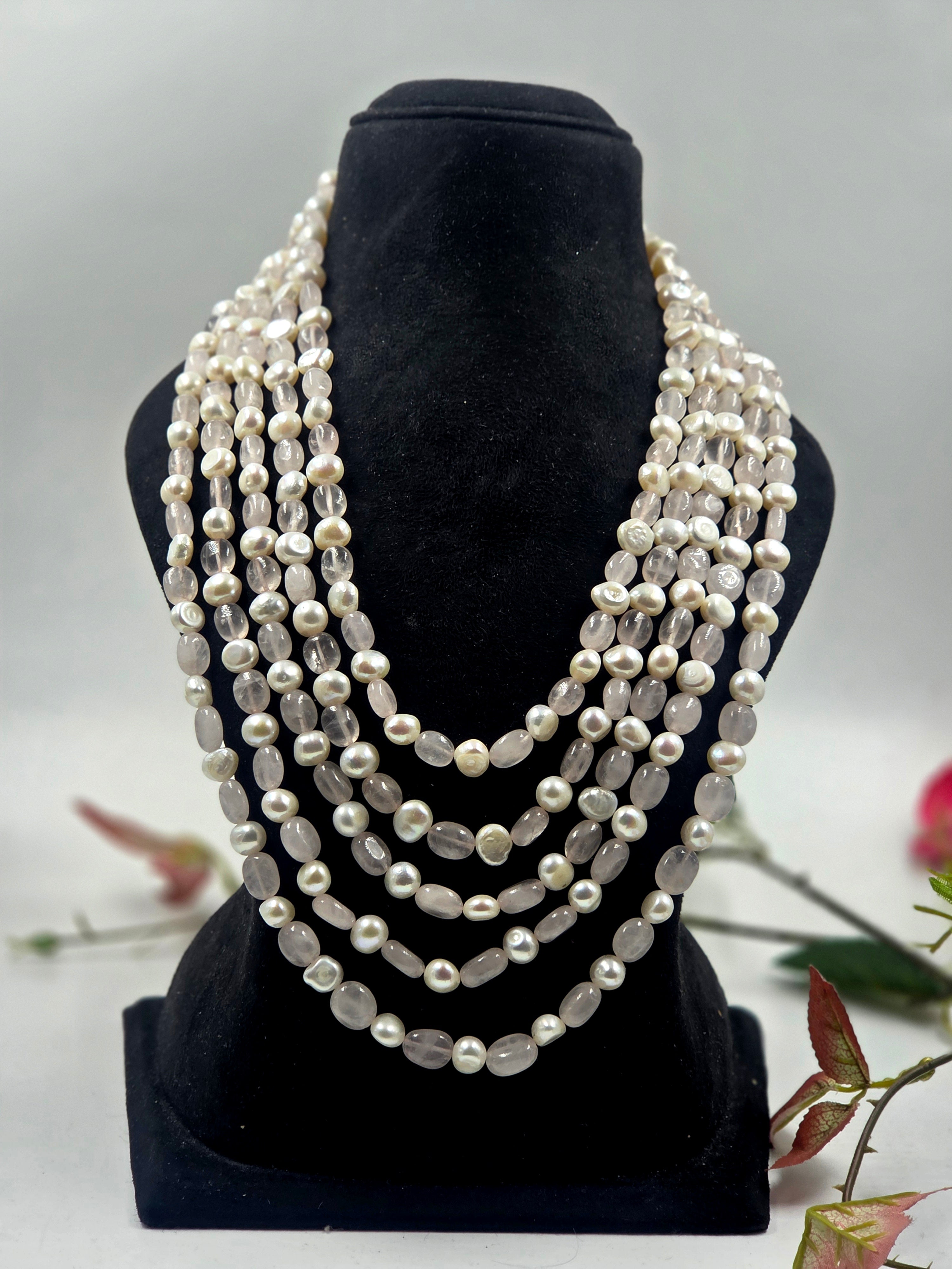 5-Line Rose Quartz & Freshwater Pearl Sarafa Necklace