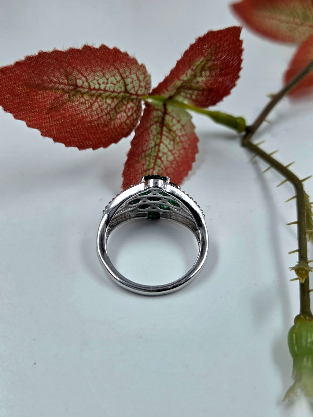 Natural Emerald Ring – Sterling Silver, Oval Cluster Design.