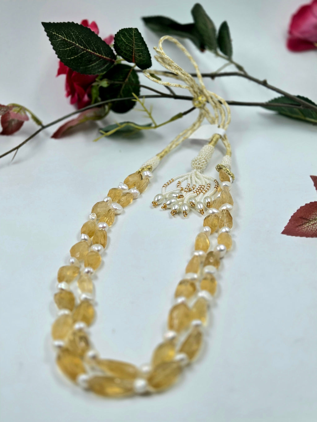 2-Line Citrine & Freshwater Pearl Sarafa Style Necklace – 127.50 Grams