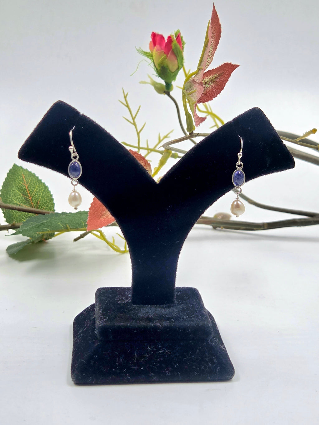 Tanzanite & Freshwater Pearl Earrings in Sterling Silver