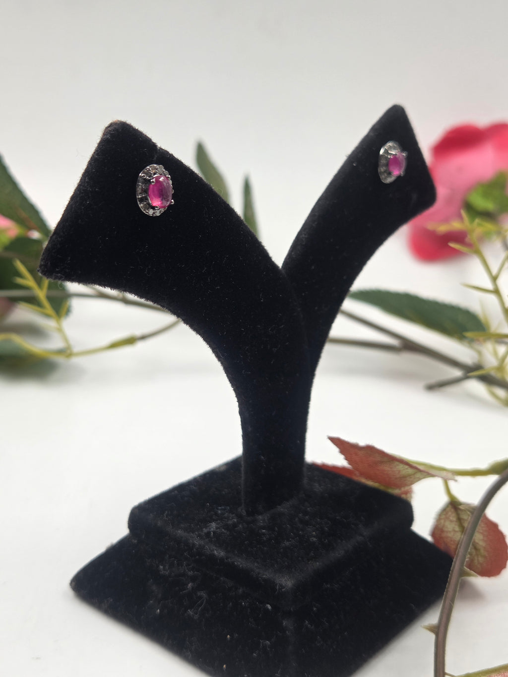 Natural Diamond & GF Ruby Halo Stud Earrings in Sterling Silver