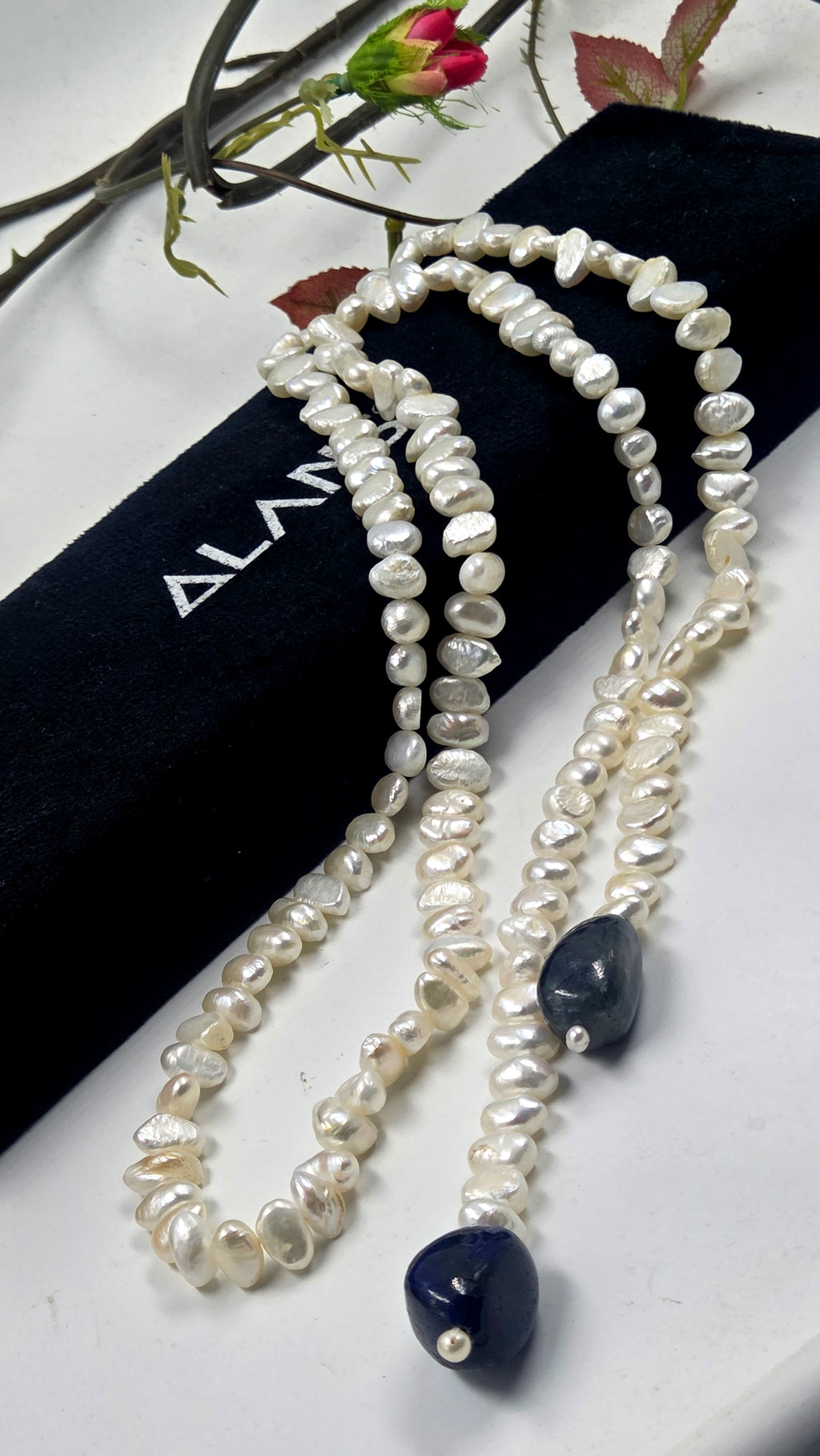 Freshwater Pearl & GF Sapphire Scarf Necklace