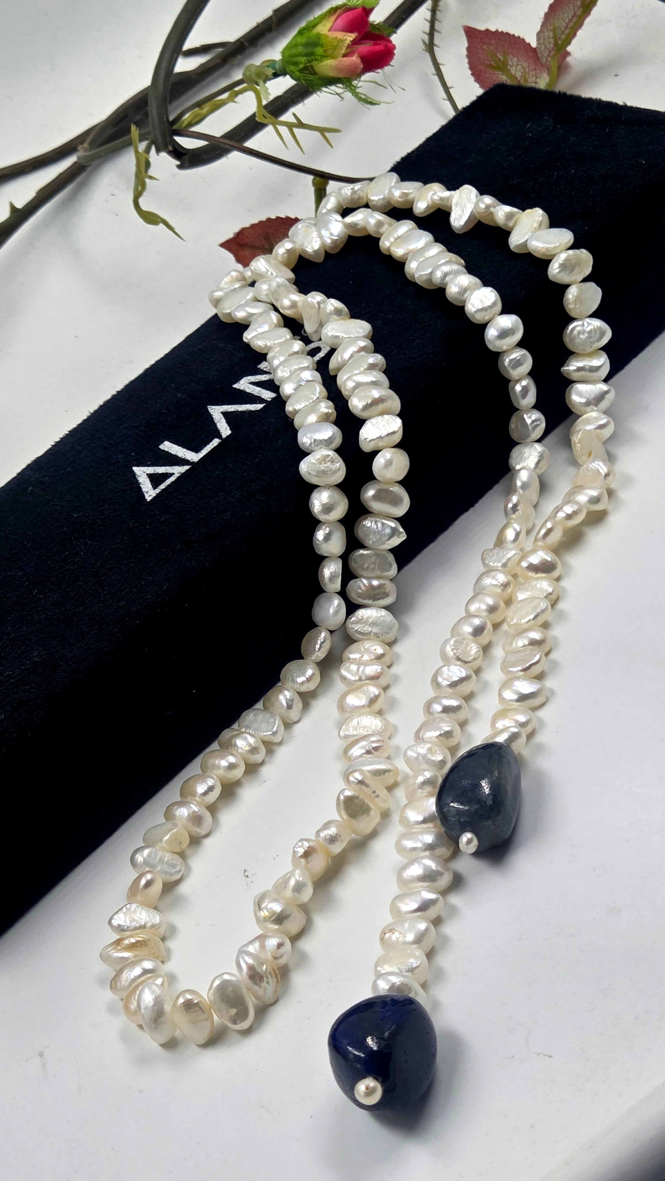 Freshwater Pearl & GF Sapphire Scarf Necklace
