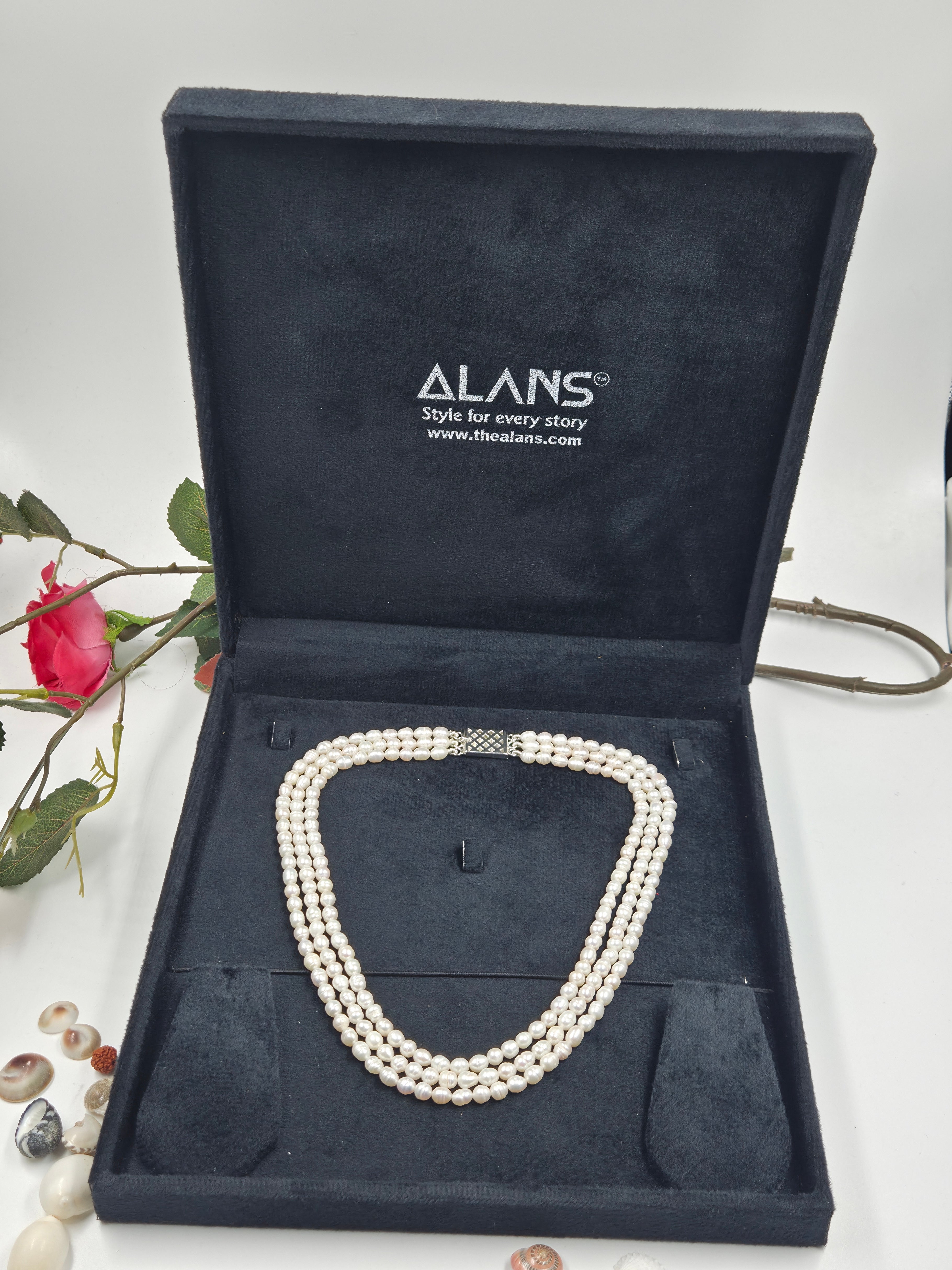 3-Layer Freshwater Pearl Necklace – Off White, Rice-Shaped