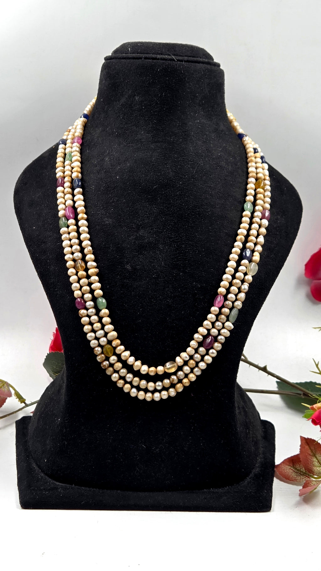 Royal Sarfa Style Triple-Line Pearl & Multi-Gem Necklace