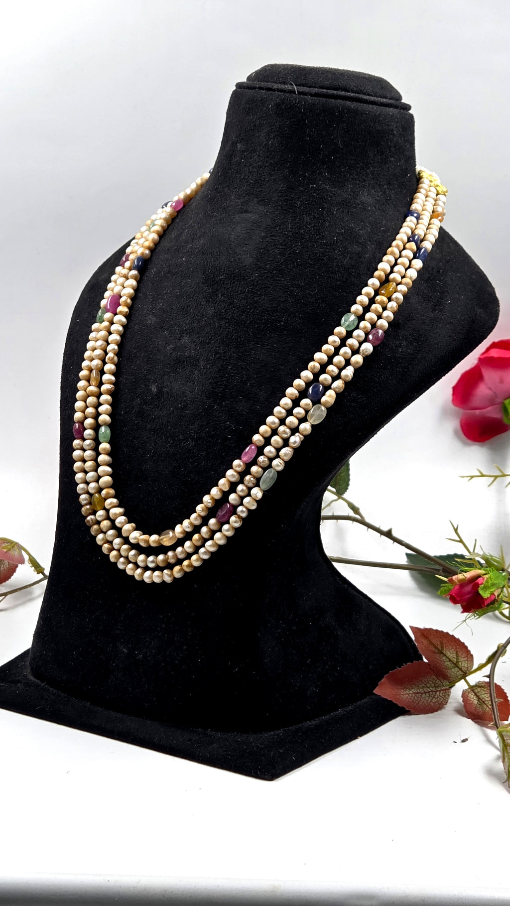 Royal Sarfa Style Triple-Line Pearl & Multi-Gem Necklace