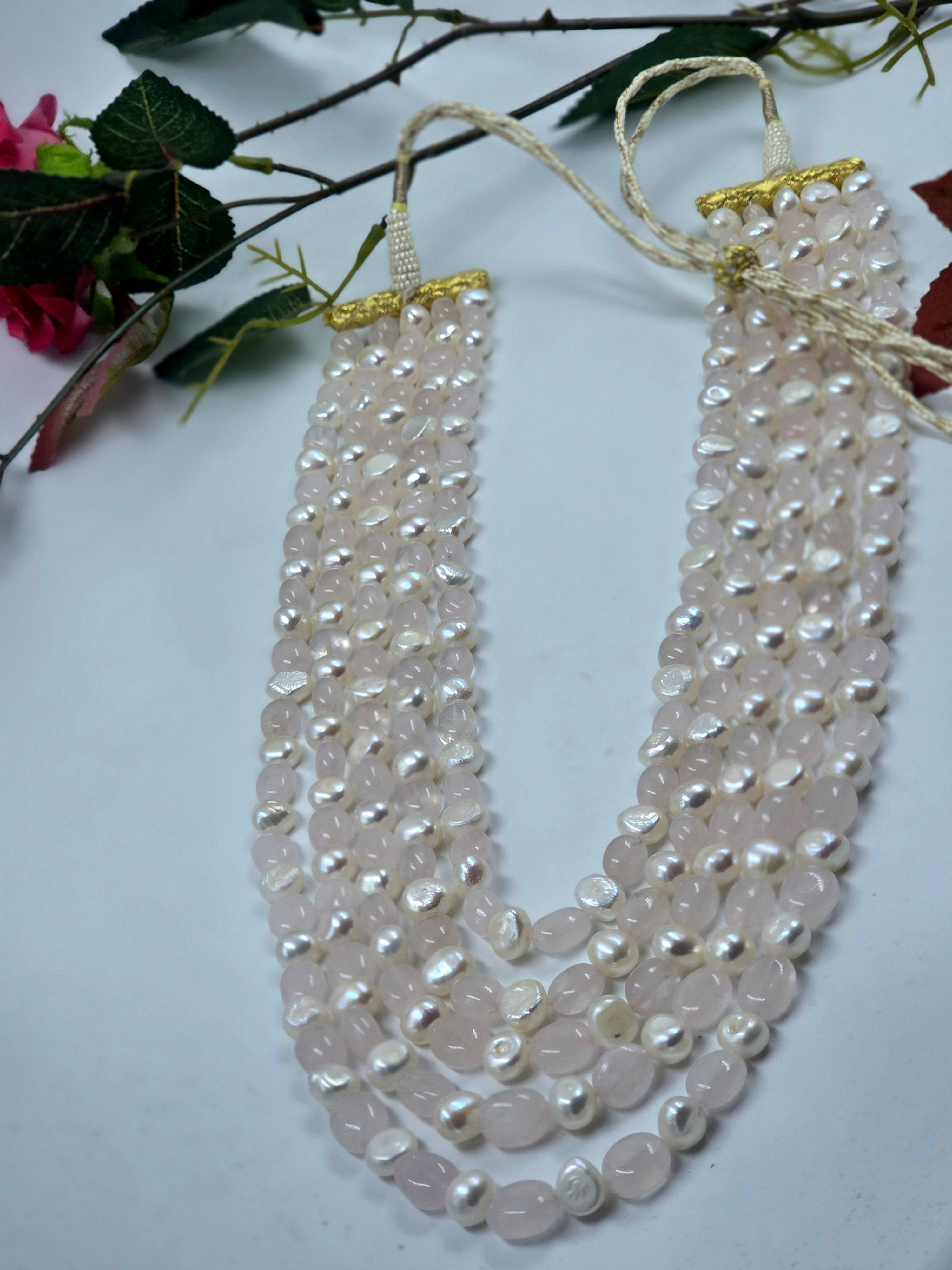 5-Line Rose Quartz & Freshwater Pearl Sarafa Necklace