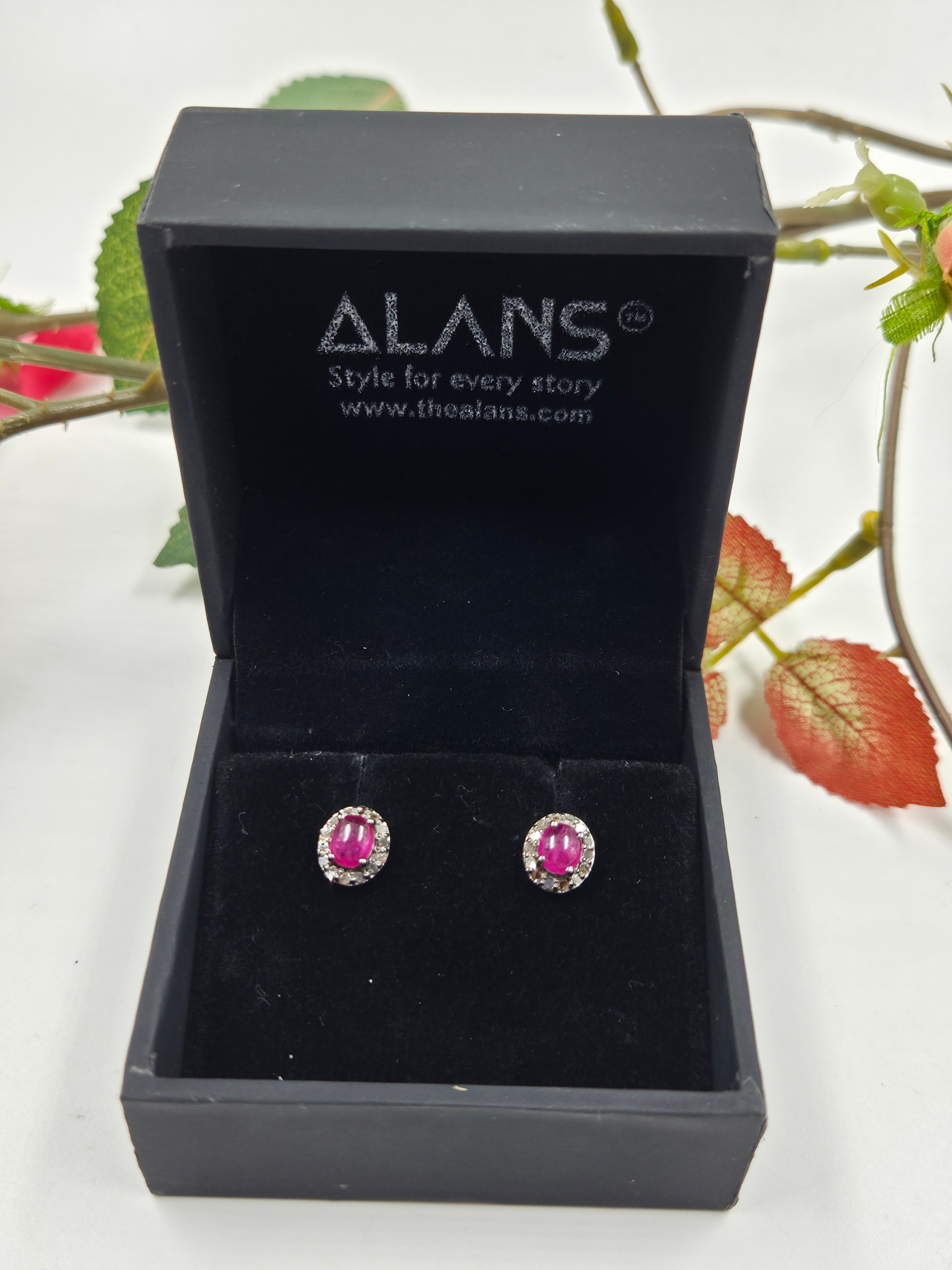 Natural Diamond & Gf Ruby Sterling Silver Earrings