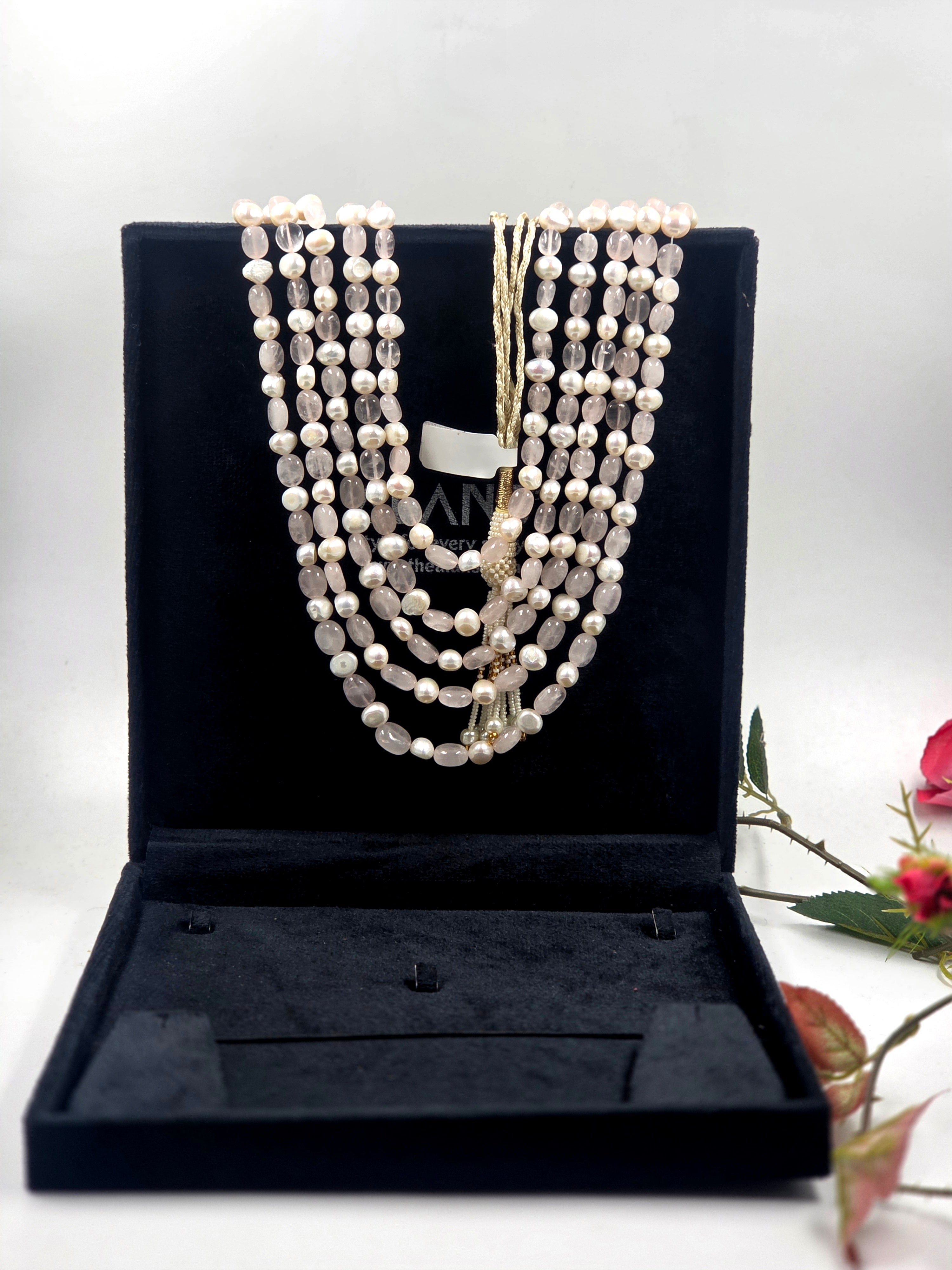 5-Line Rose Quartz & Freshwater Pearl Sarafa Necklace