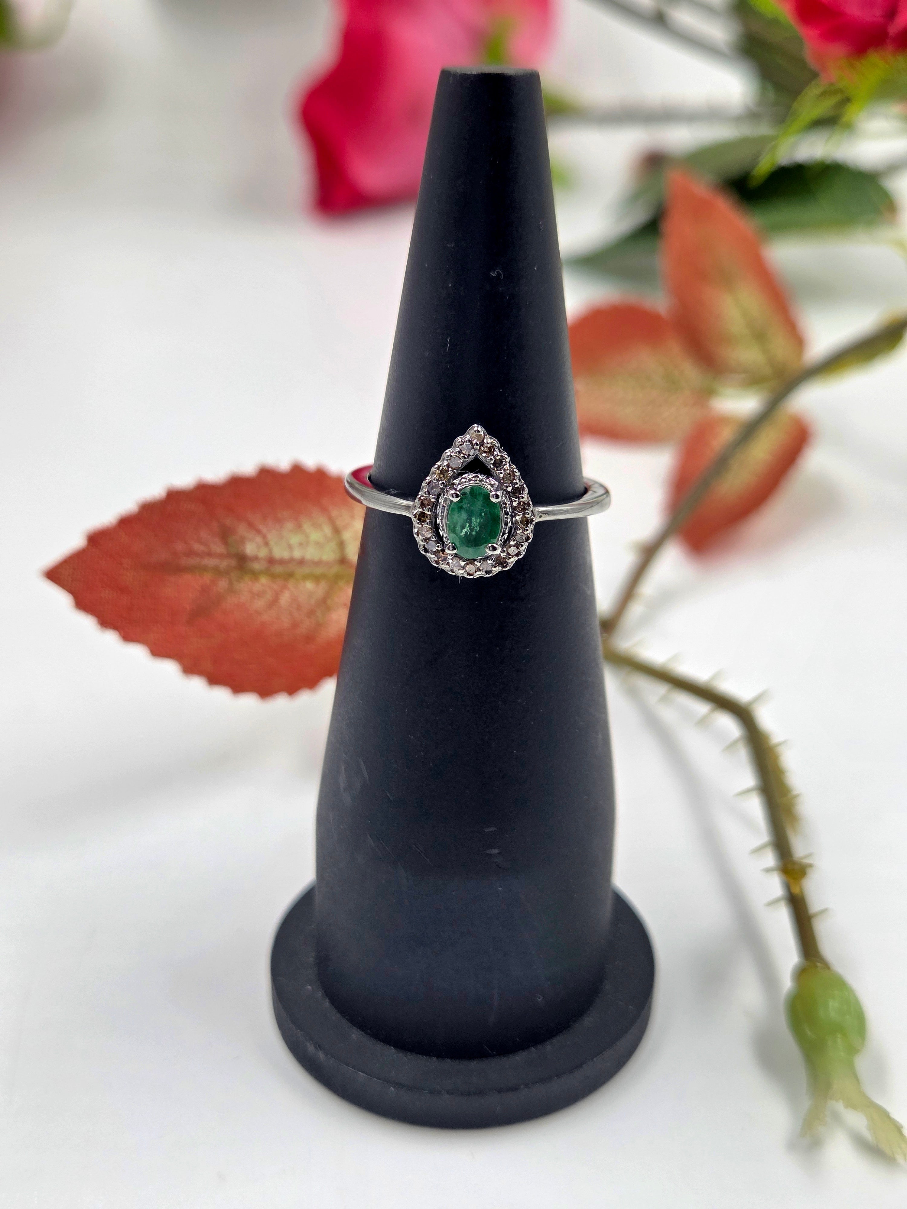 Natural Emerald and Natural Diamond Drop-Shaped Ring in Sterling Silver, Rhodium Plated)