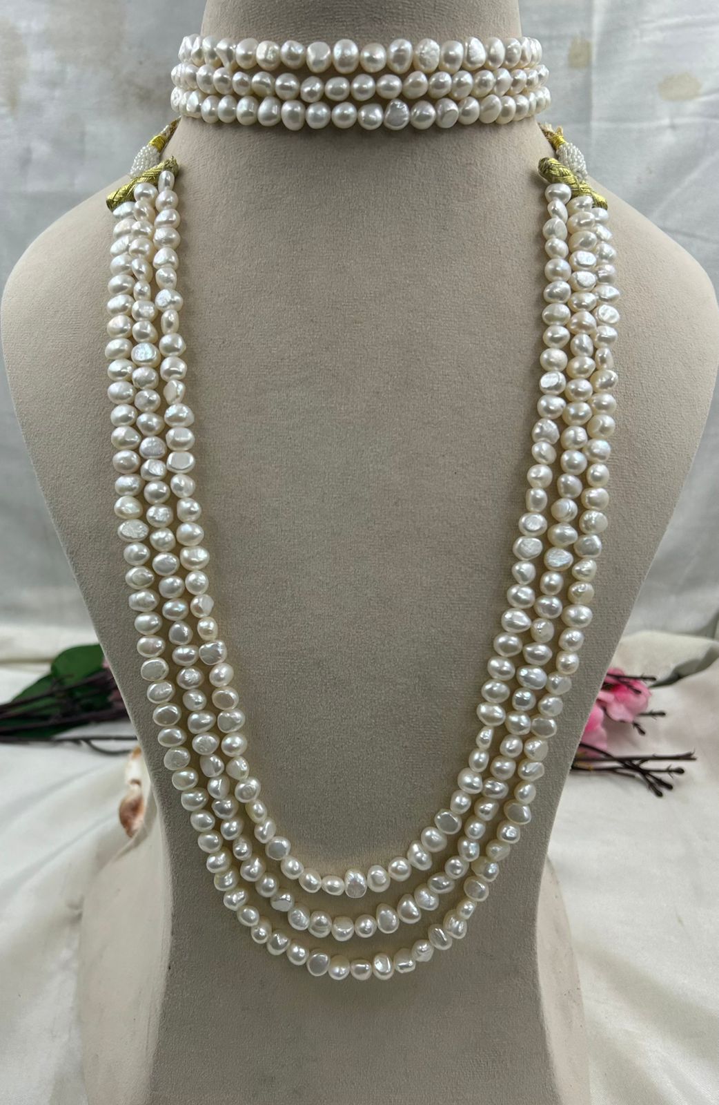 Freshwater Pearl Triple Line Necklace & Choker Set with Sarafa