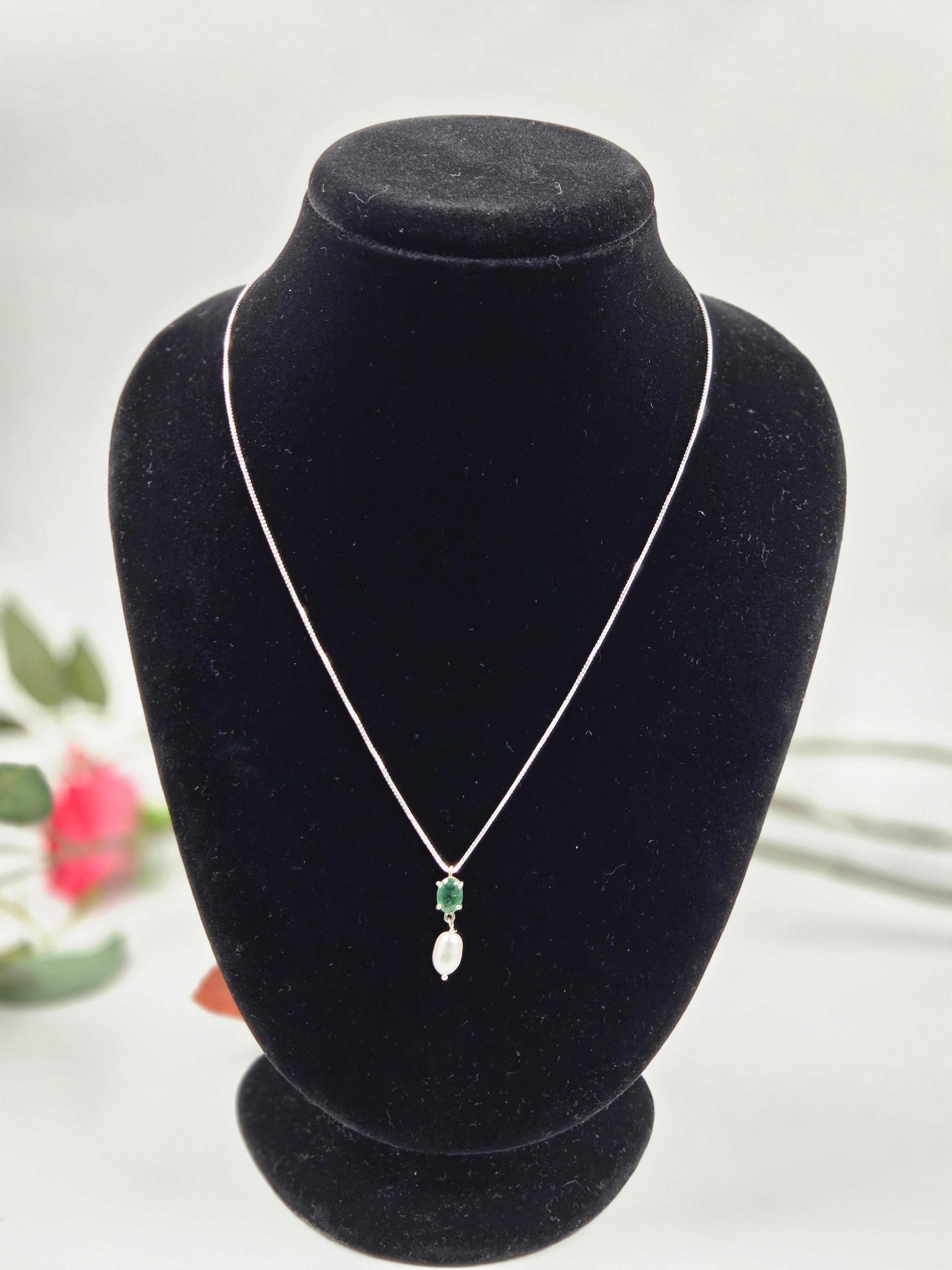 Natural Emerald Necklace with Freshwater Pearl Drop in Sterling Silver