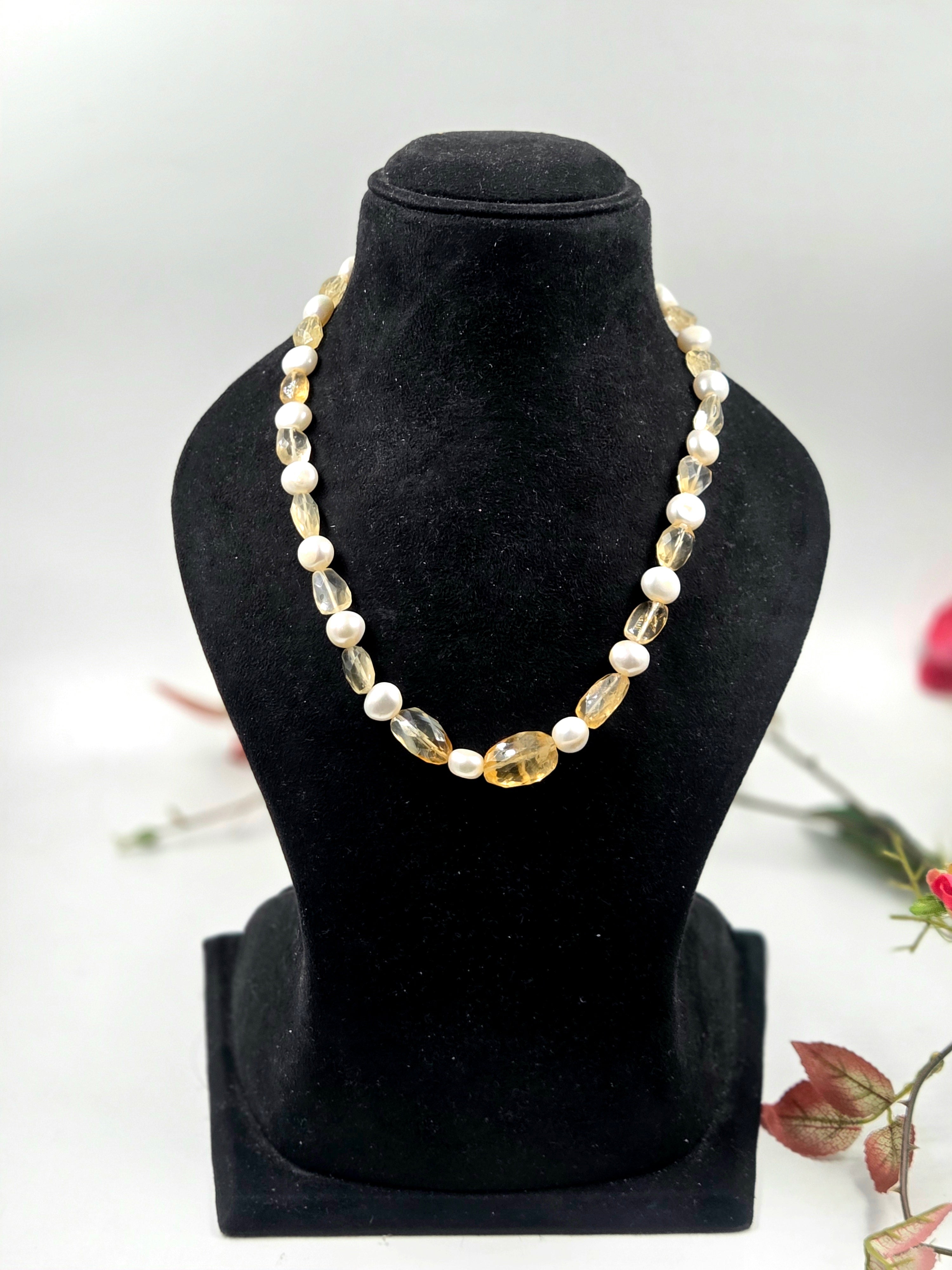 Citrine & Freshwater Pearl Necklace with Sterling Silver Lock – 54.70 Grams