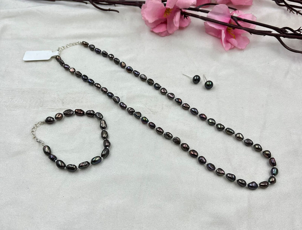 Freshwater Pearl Necklace Set with Studs & Bracelet in 925 Sterling Silver
