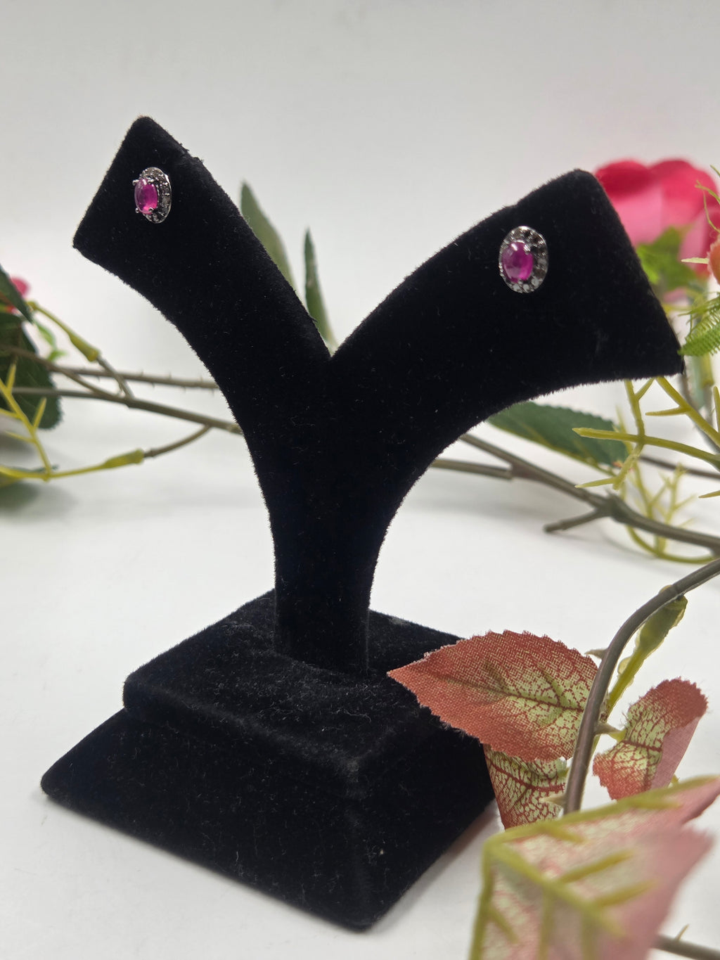 Natural Diamond & GF Ruby Halo Stud Earrings in Sterling Silver