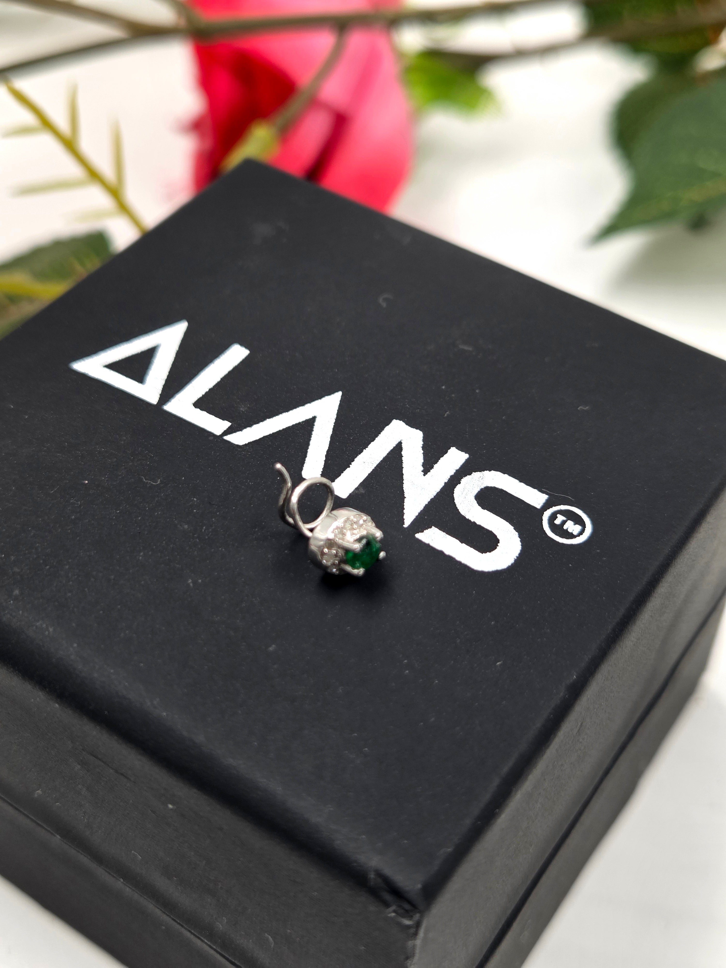 Natural Diamond & Emerald Sterling Silver Nose Pin