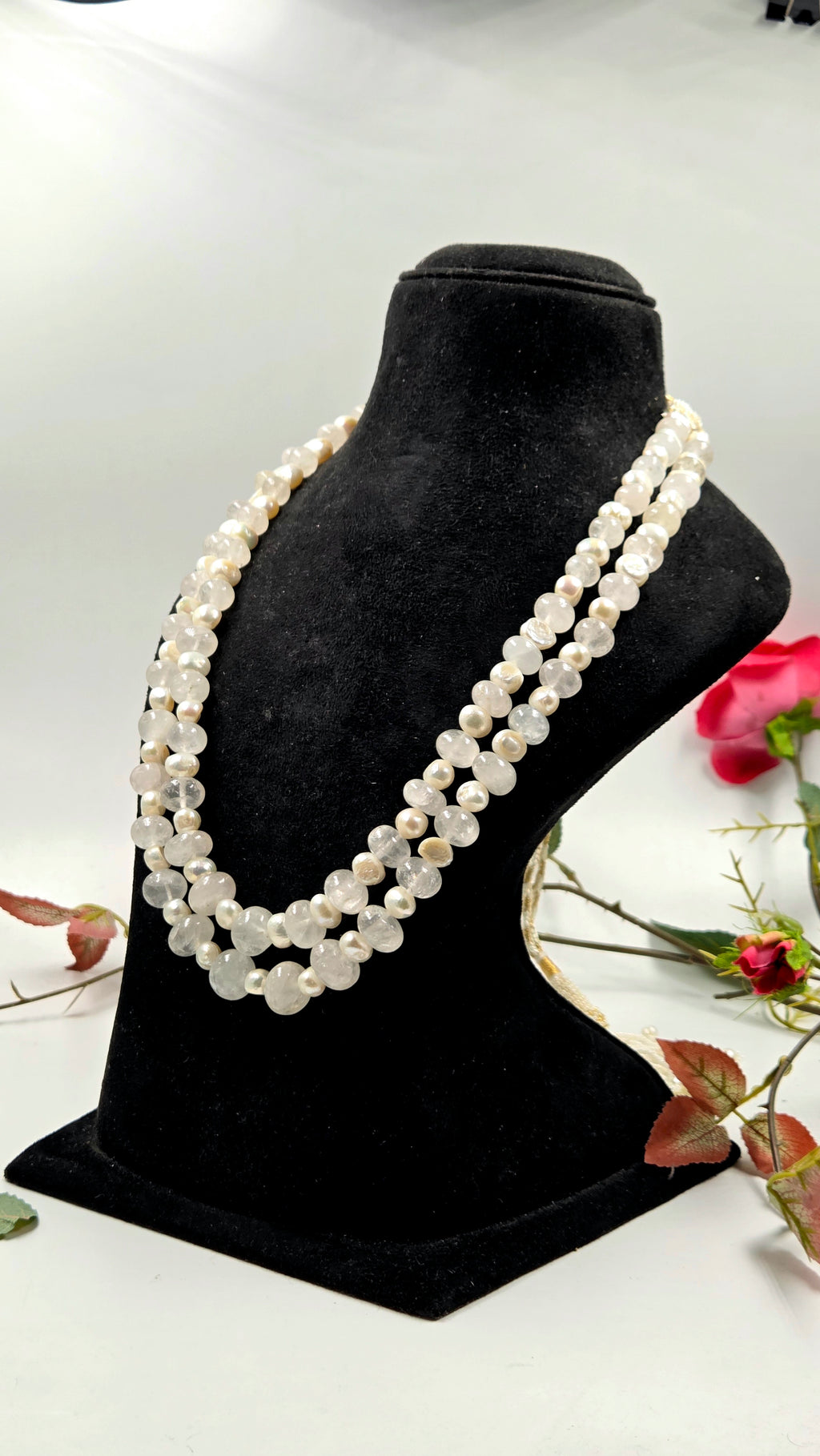 Rose Quartz & Freshwater Pearl Sarafa Style Dual-Line Necklace