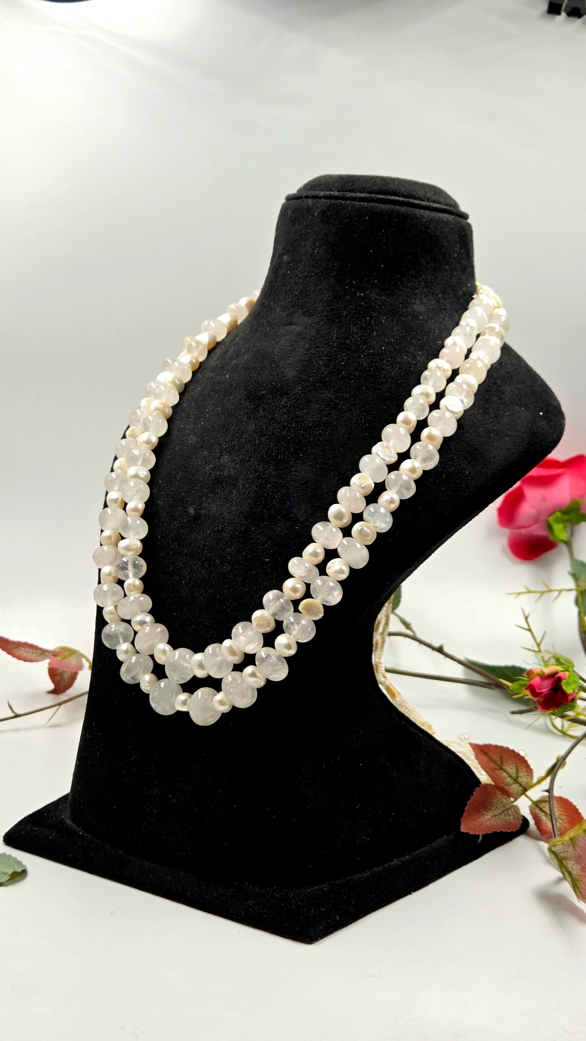Rose Quartz & Freshwater Pearl Sarafa Style Dual-Line Necklace