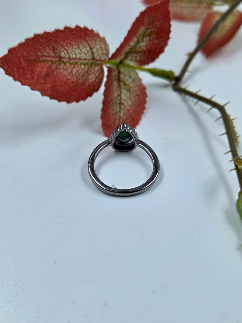 Natural Emerald and Natural Diamond Drop-Shaped Ring in Sterling Silver, Rhodium Plated)