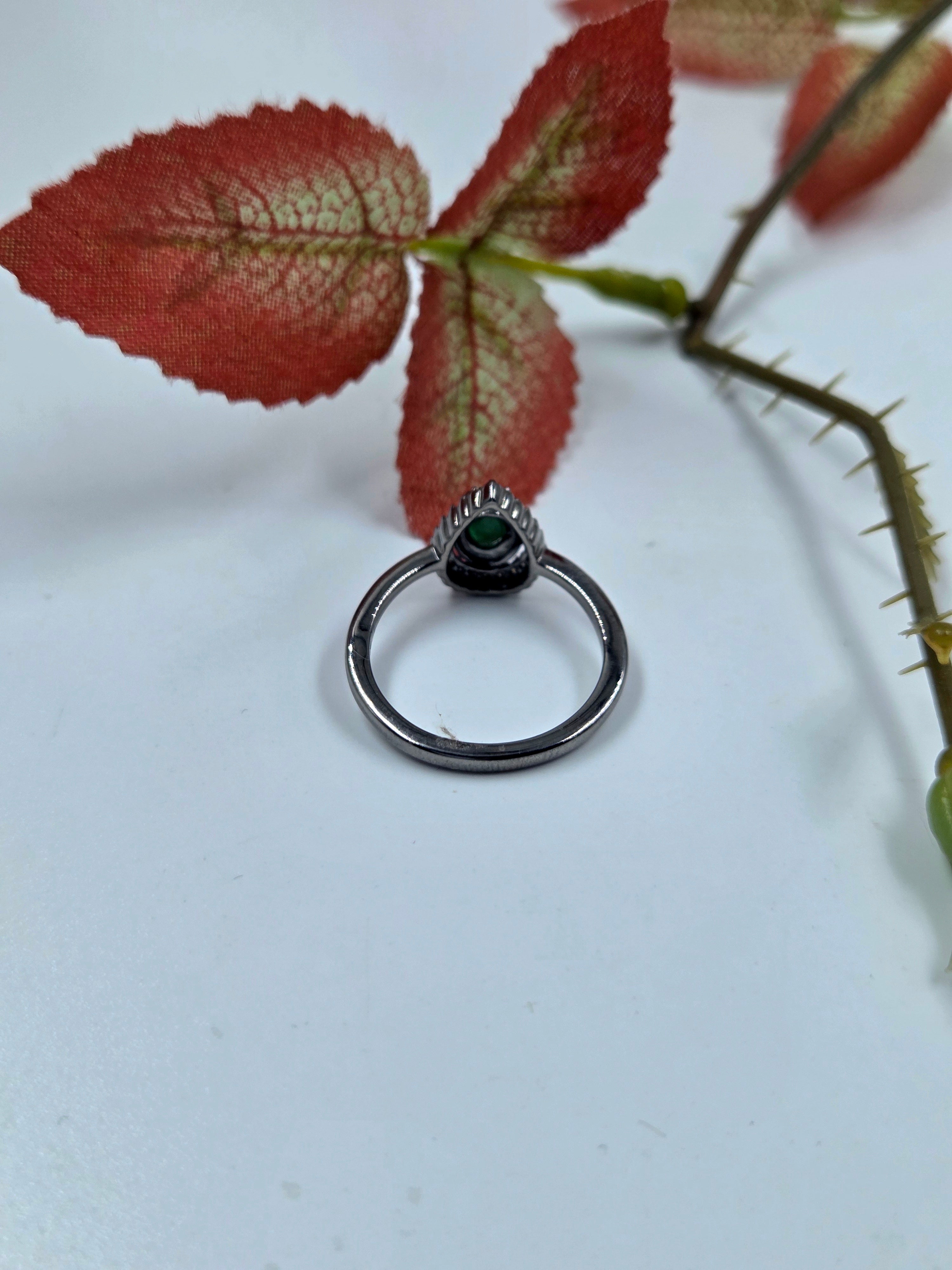 Natural Emerald and Natural Diamond Drop-Shaped Ring in Sterling Silver, Rhodium Plated)