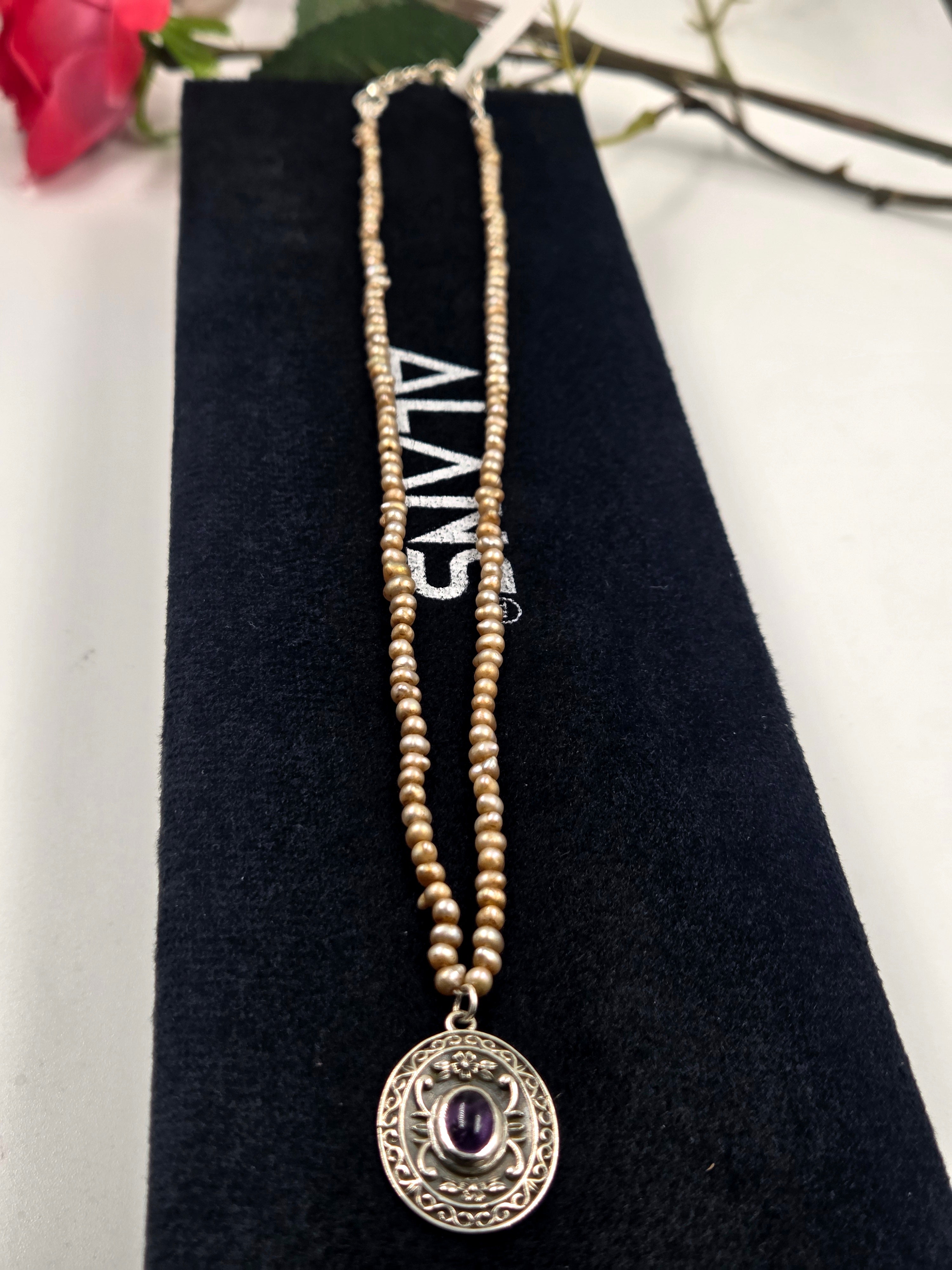 Amethyst Bloom – Freshwater Pearl & Purple Stone Necklace in Sterling Silver