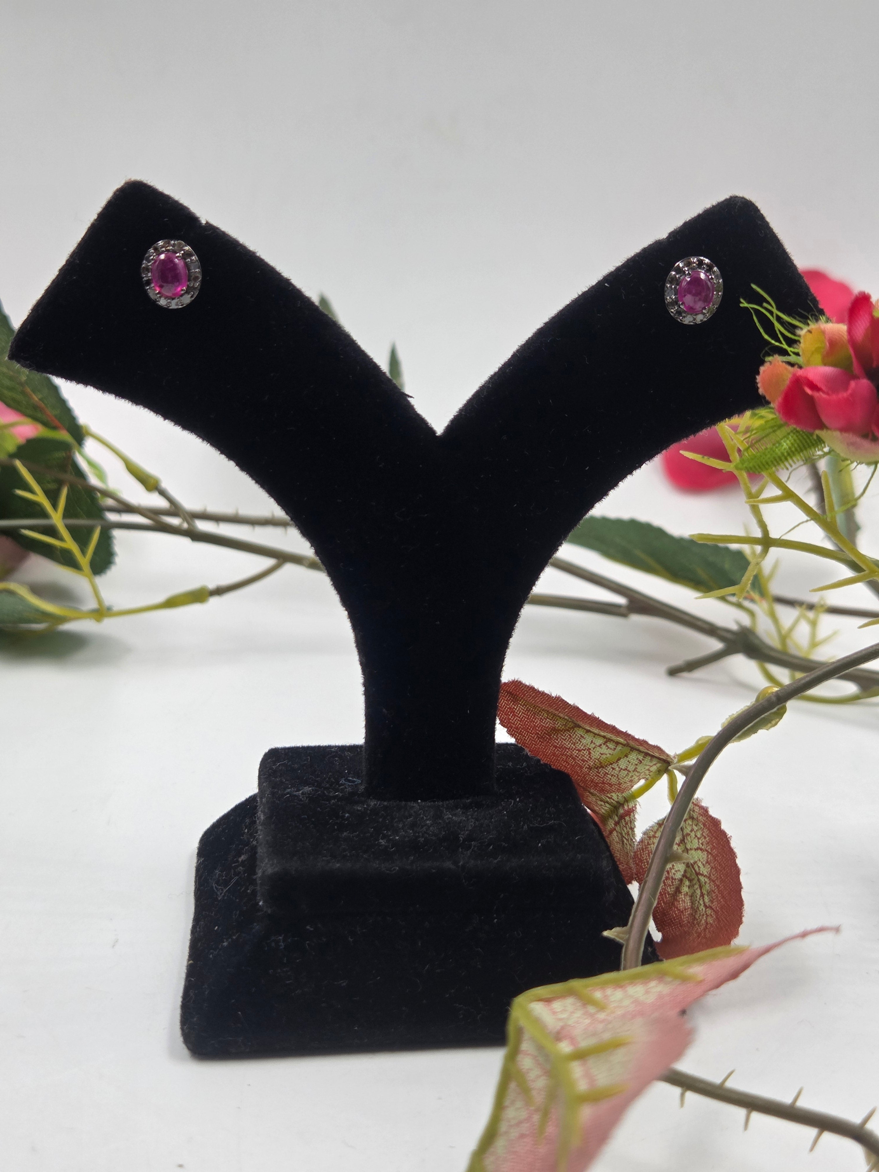 Natural Diamond & GF Ruby Halo Stud Earrings in Sterling Silver