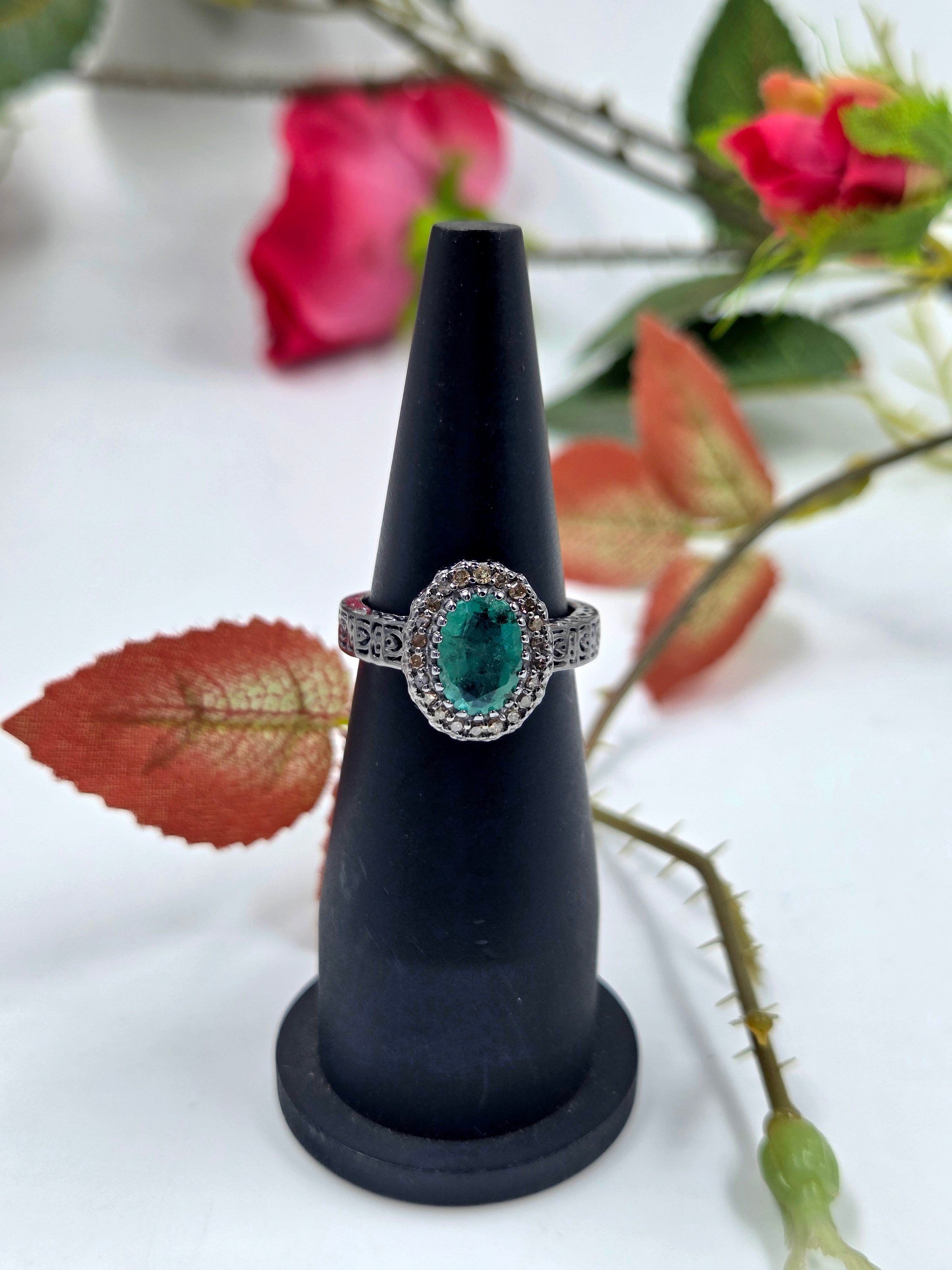 Natural Emerald and Natural Diamond Ring in Sterling Silver – Victorian Design