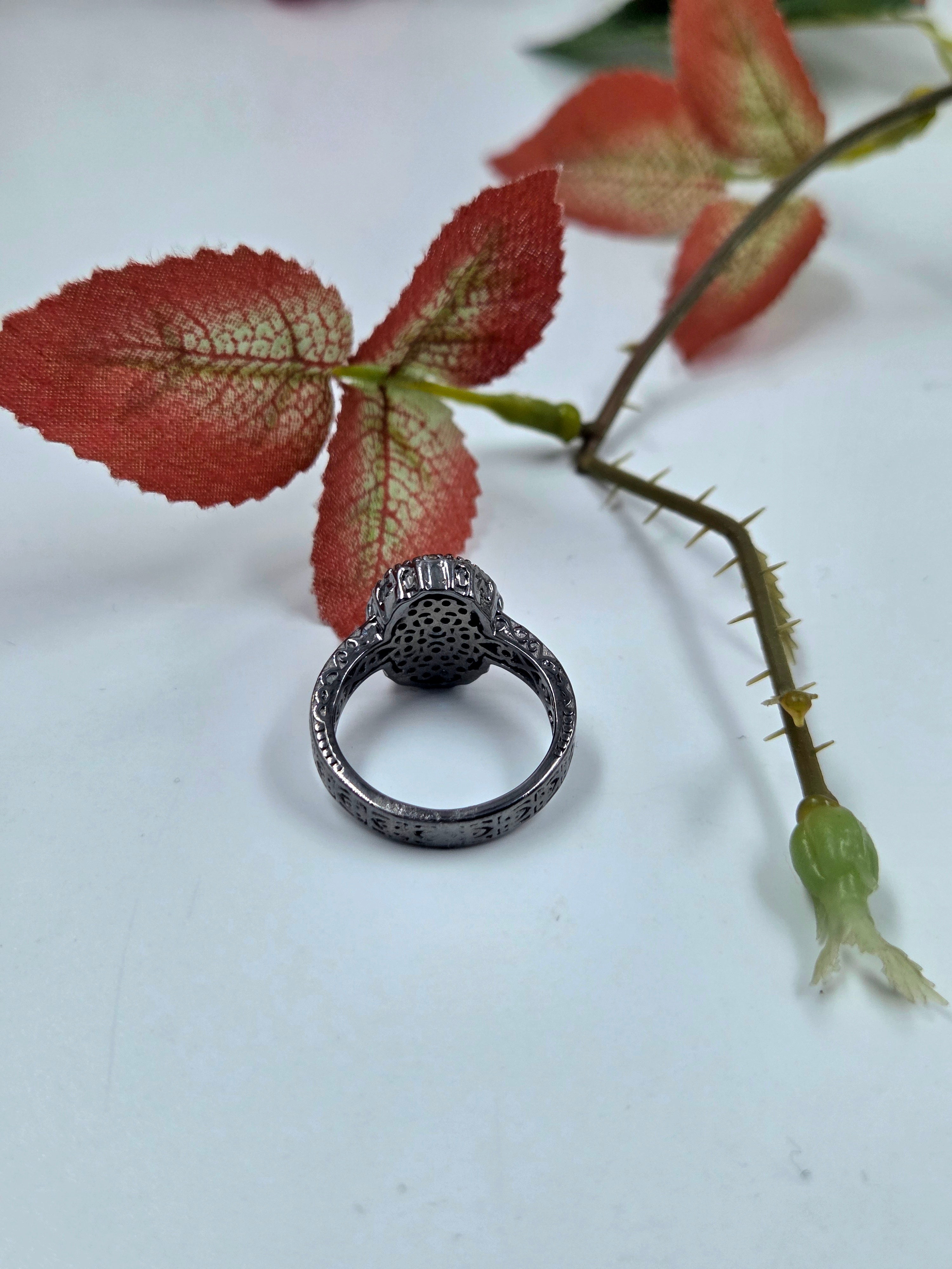 Natural Emerald and Natural Diamond Ring in Sterling Silver – Victorian Design