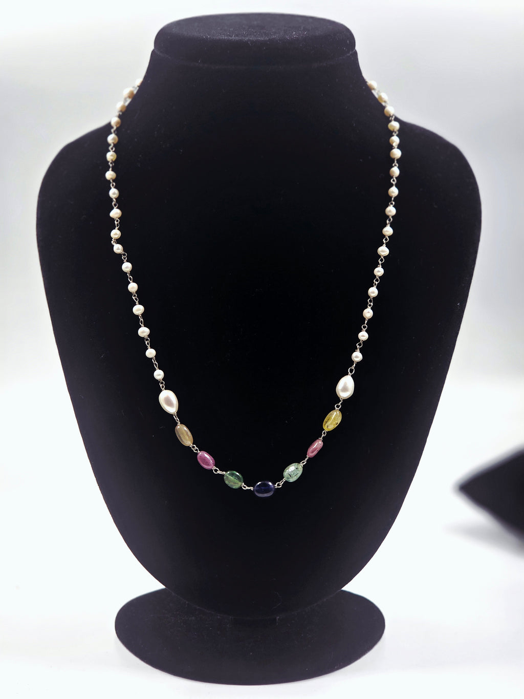 Natural Emerald & Gemstone Mix Necklace with Freshwater Pearls in Sterling Silver
