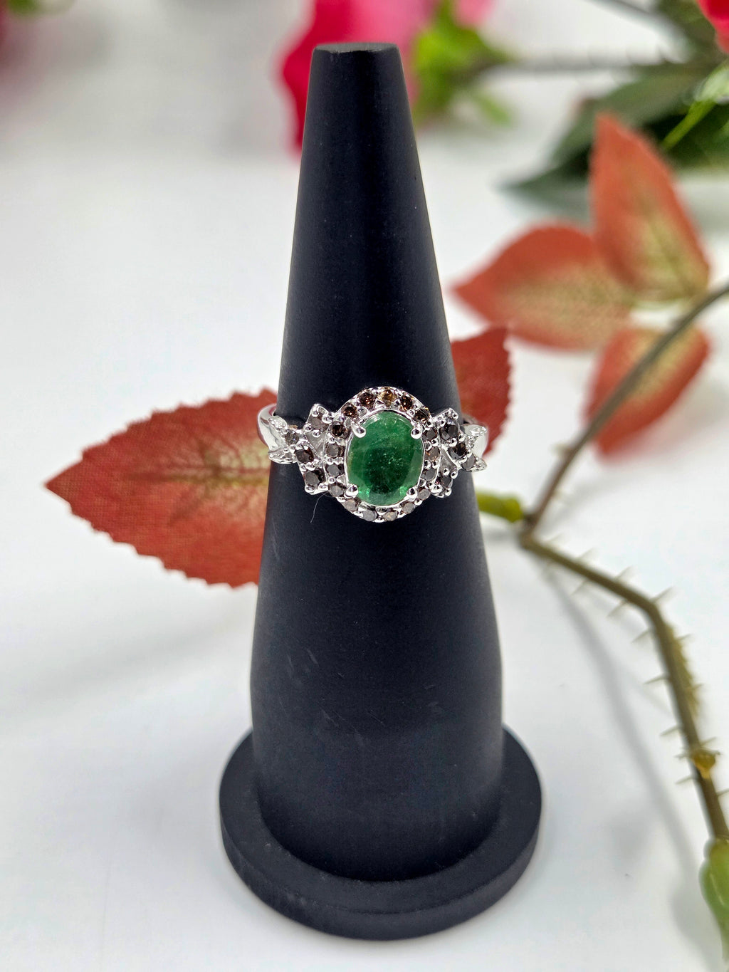 Natural Emerald and Natural Diamond Ring in Sterling Silver. Halo Design