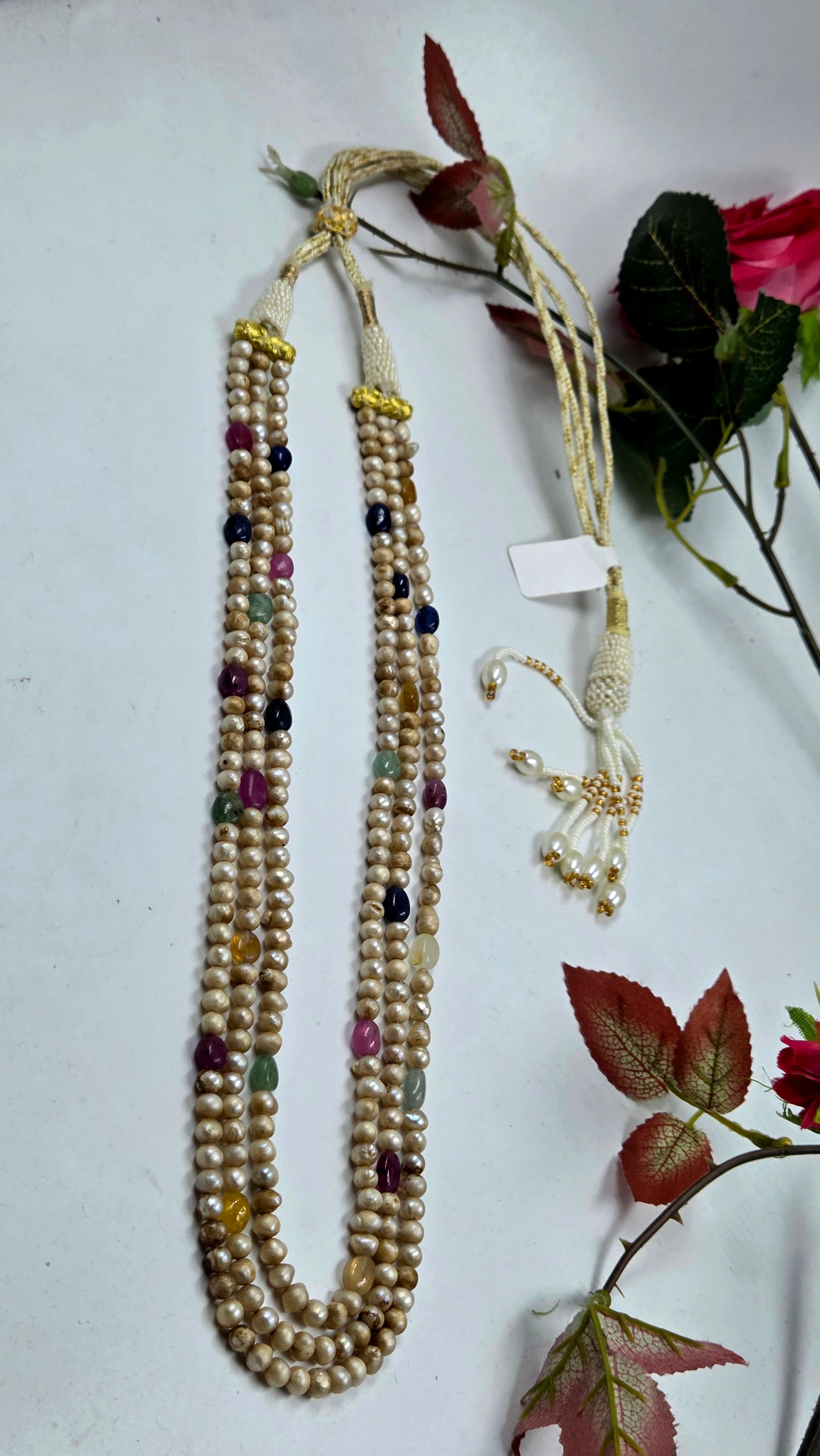 Royal Sarfa Style Triple-Line Pearl & Multi-Gem Necklace