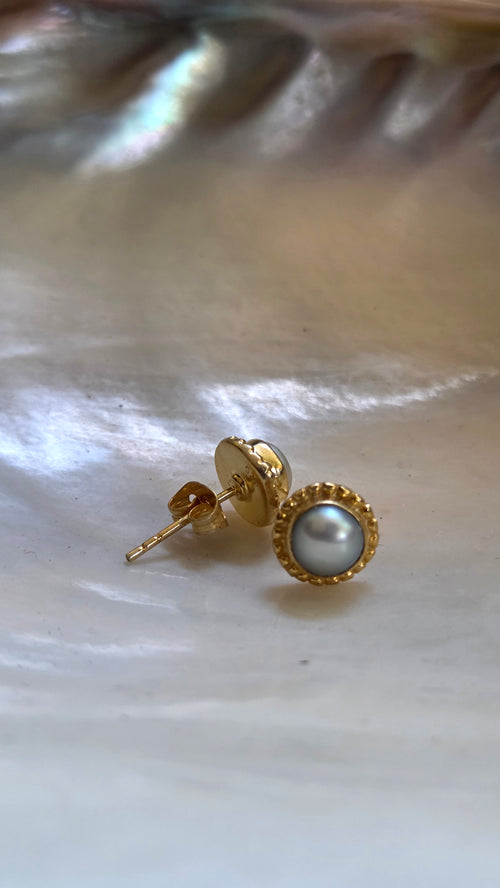 Beaded Halo Freshwater Pearl Stud Earrings in Golden Sterling Silver