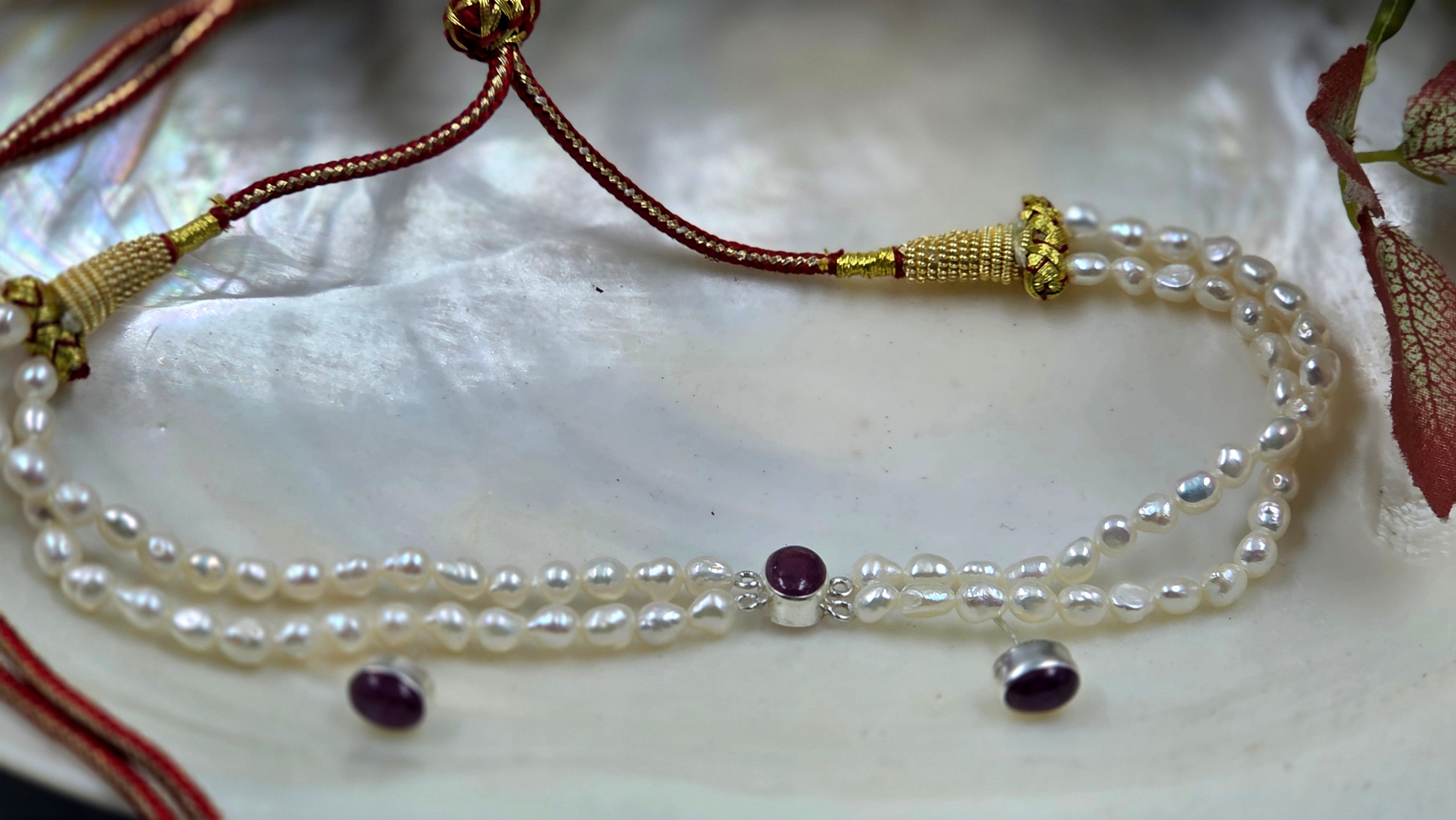 Freshwater Pearl & GF Ruby Double-Strand Choker Set with Earrings