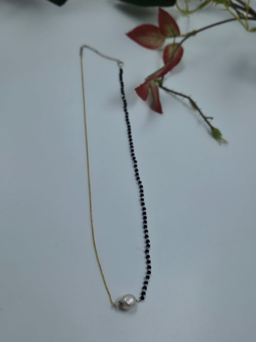 Black Beads Silver & Freshwater Pearl Dual-Tone Necklace