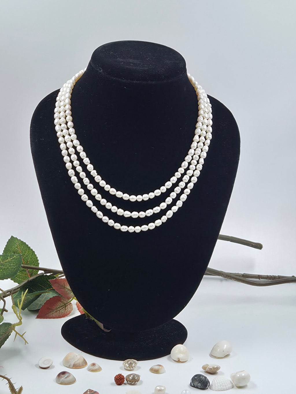 3-Layer Freshwater Pearl Necklace – Off White, Rice-Shaped