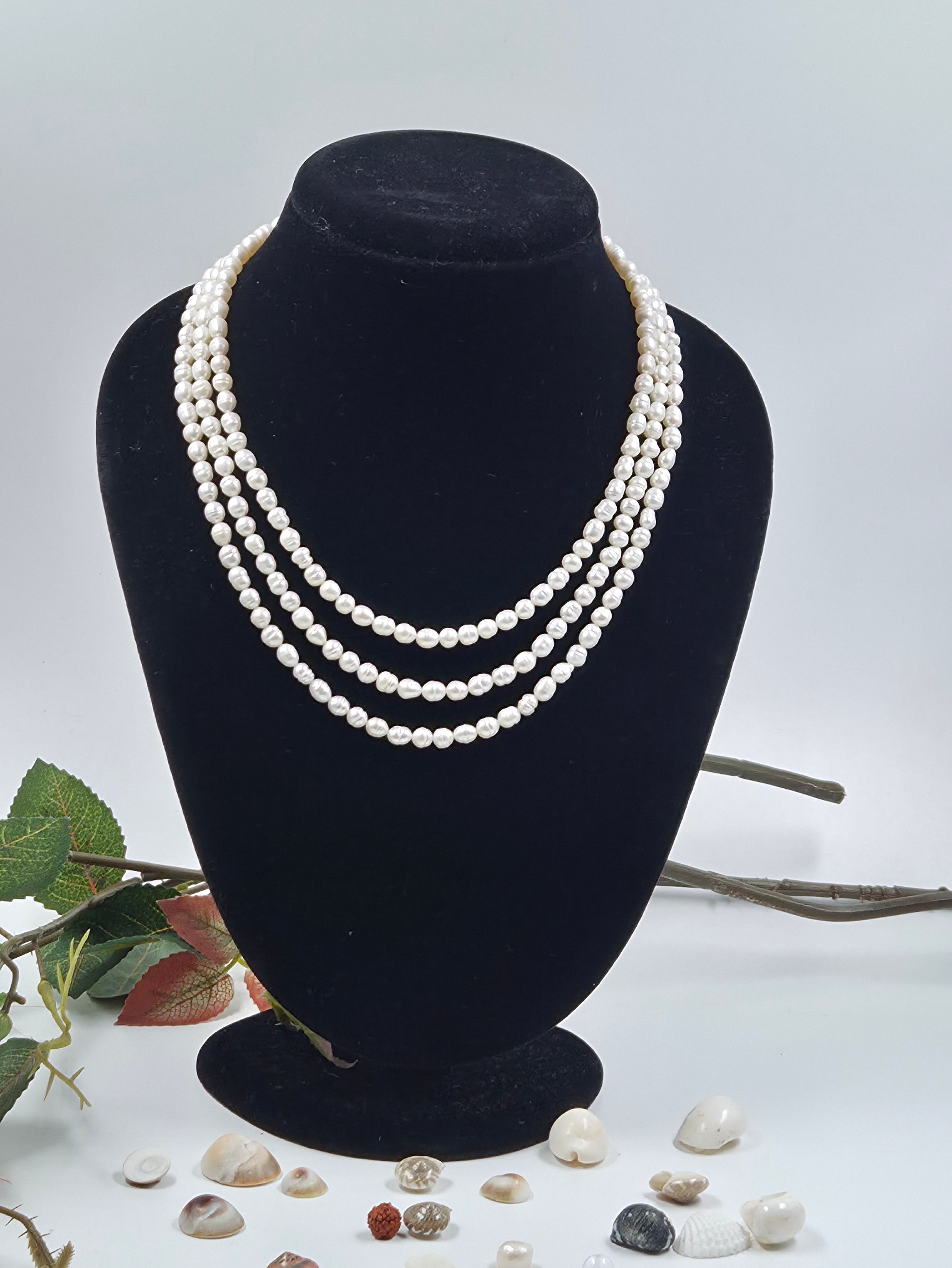 3-Layer Freshwater Pearl Necklace – Off White, Rice-Shaped