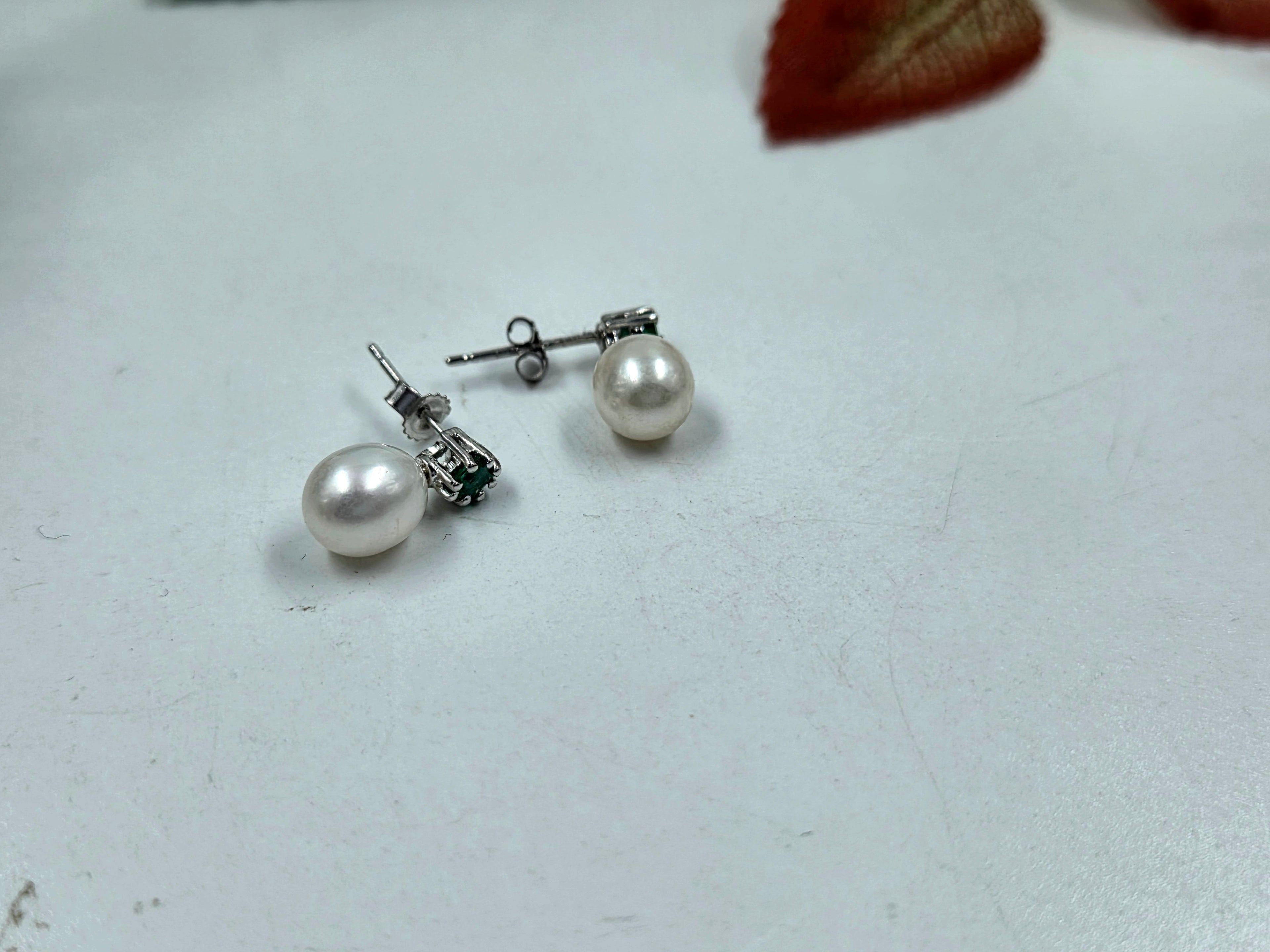 Natural Emerald & Freshwater Pearl Sterling Silver Earrings