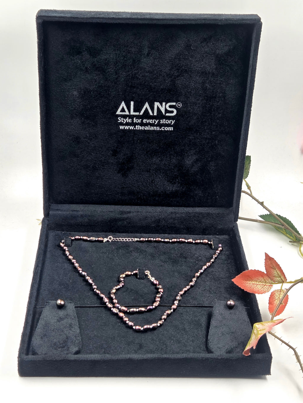 Black Dyed Freshwater Pearl Necklace Set with Studs & Bracelet in Sterling Silver