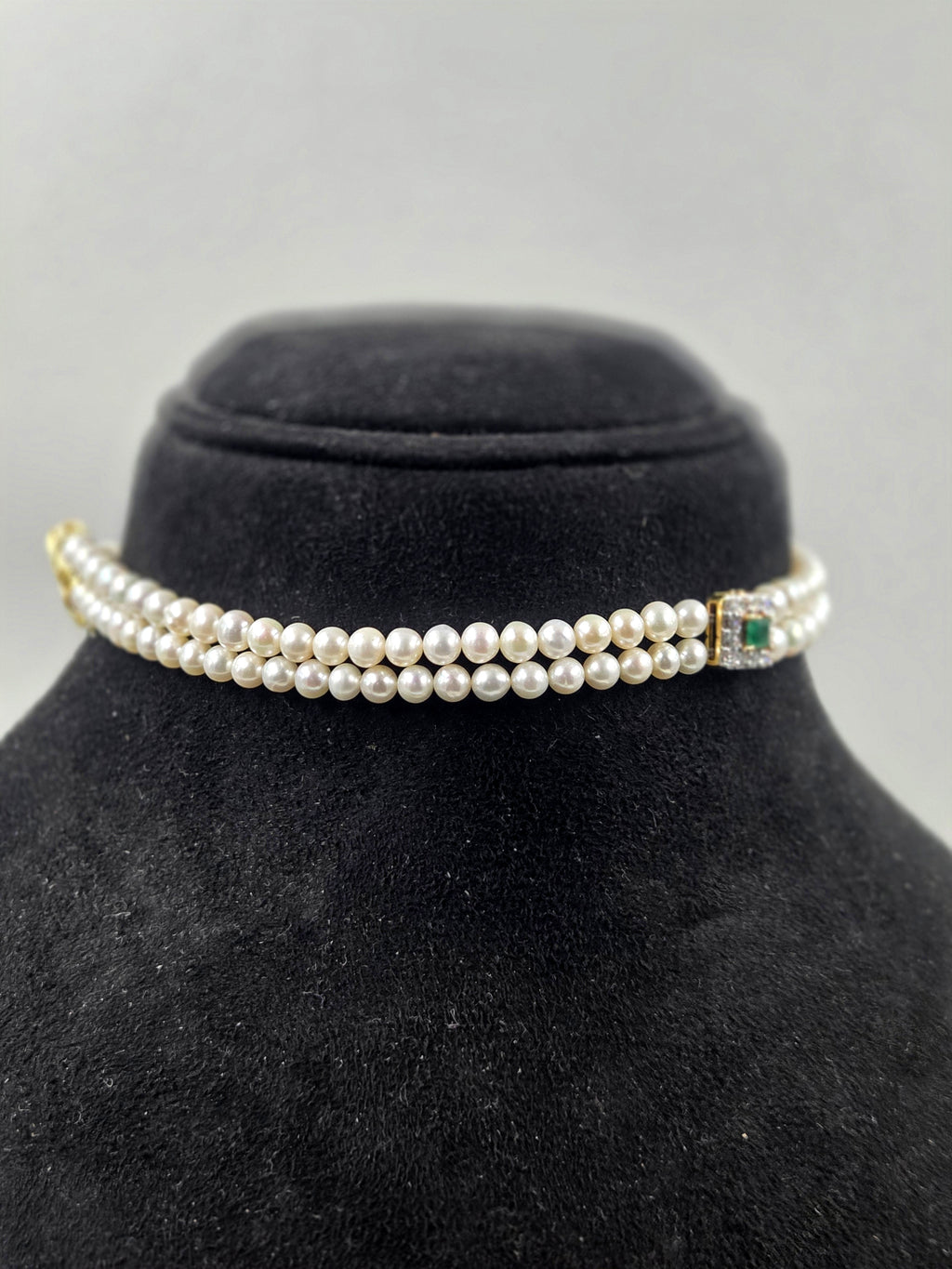 Lab-Grown Diamond & Natural Emerald Freshwater Pearl Choker Set with Earrings in Sterling Silver
