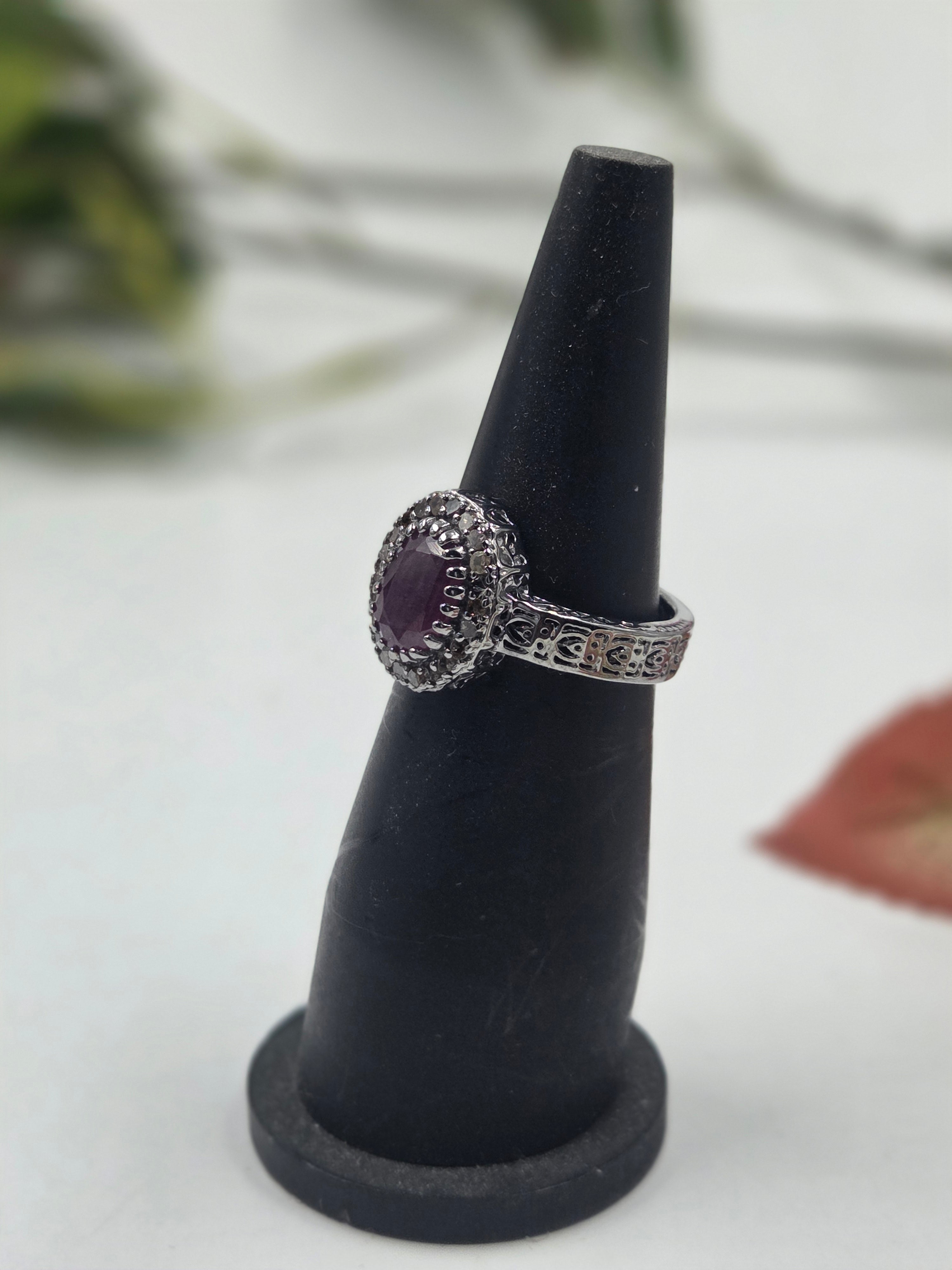Natural Diamond & GF Ruby Victorian Cluster Ring in Sterling Silver