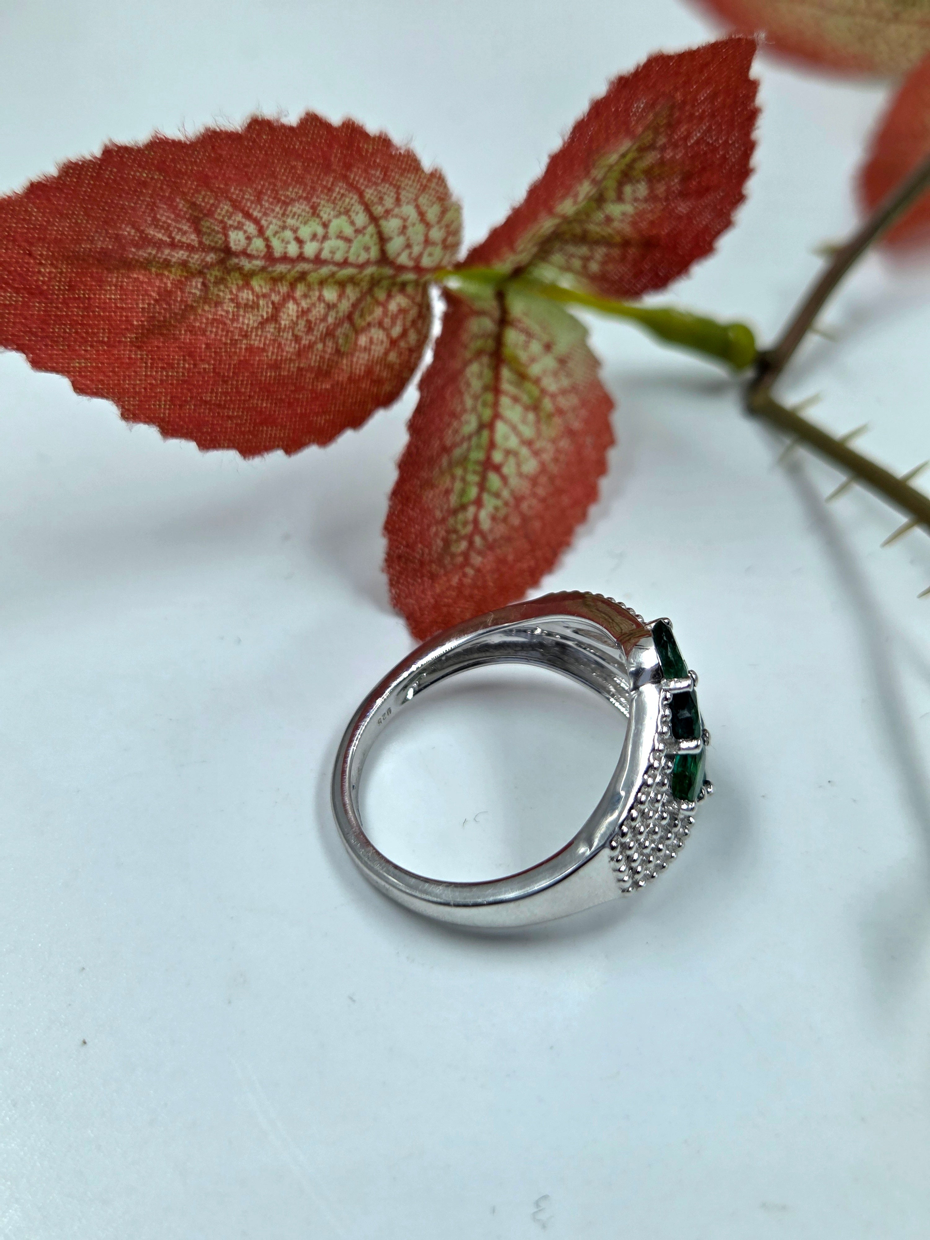 Natural Emerald Ring – Sterling Silver, Oval Cluster Design.