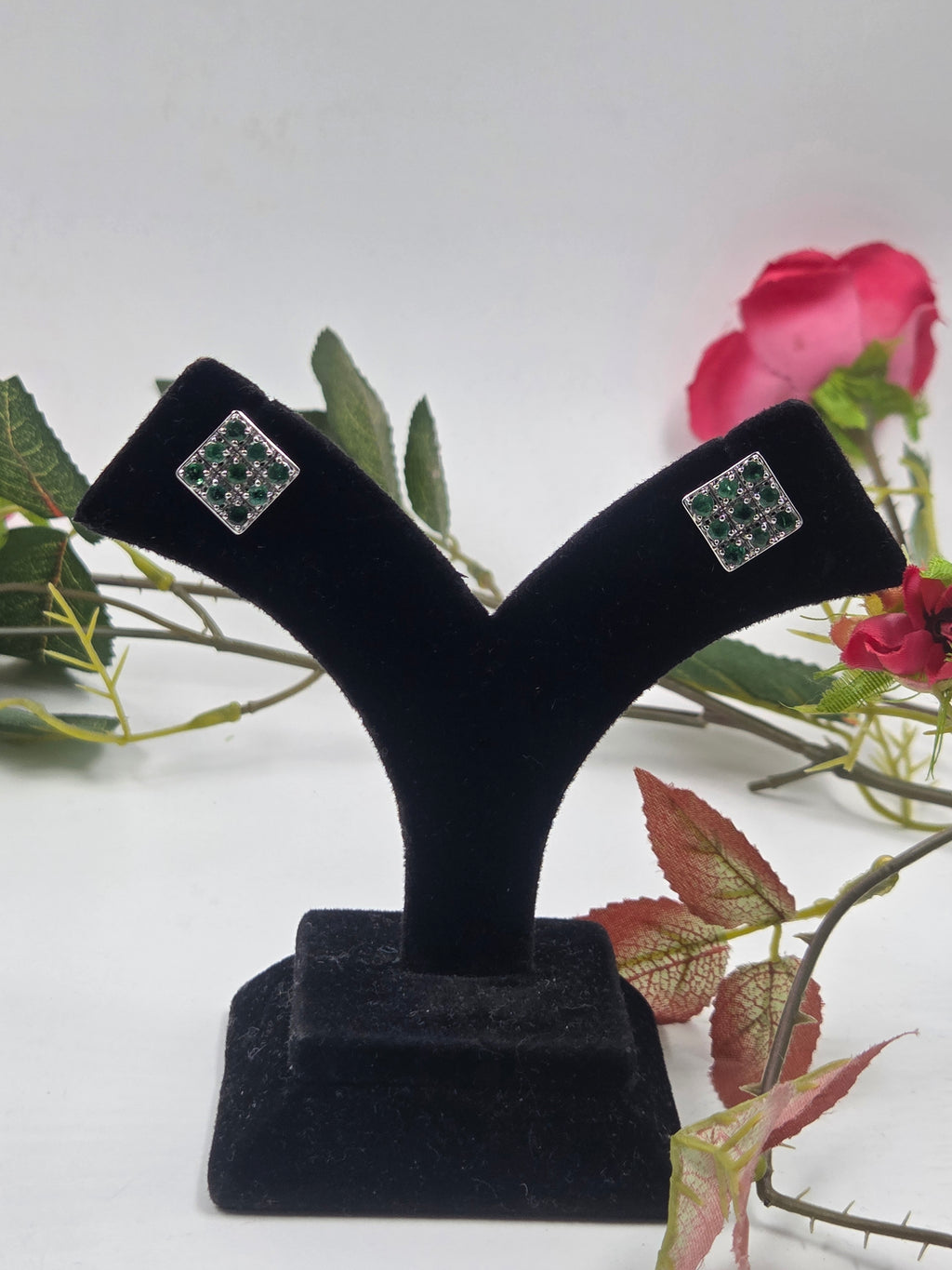 Natural Emerald Square Pave Stud Earrings in Sterling Silver