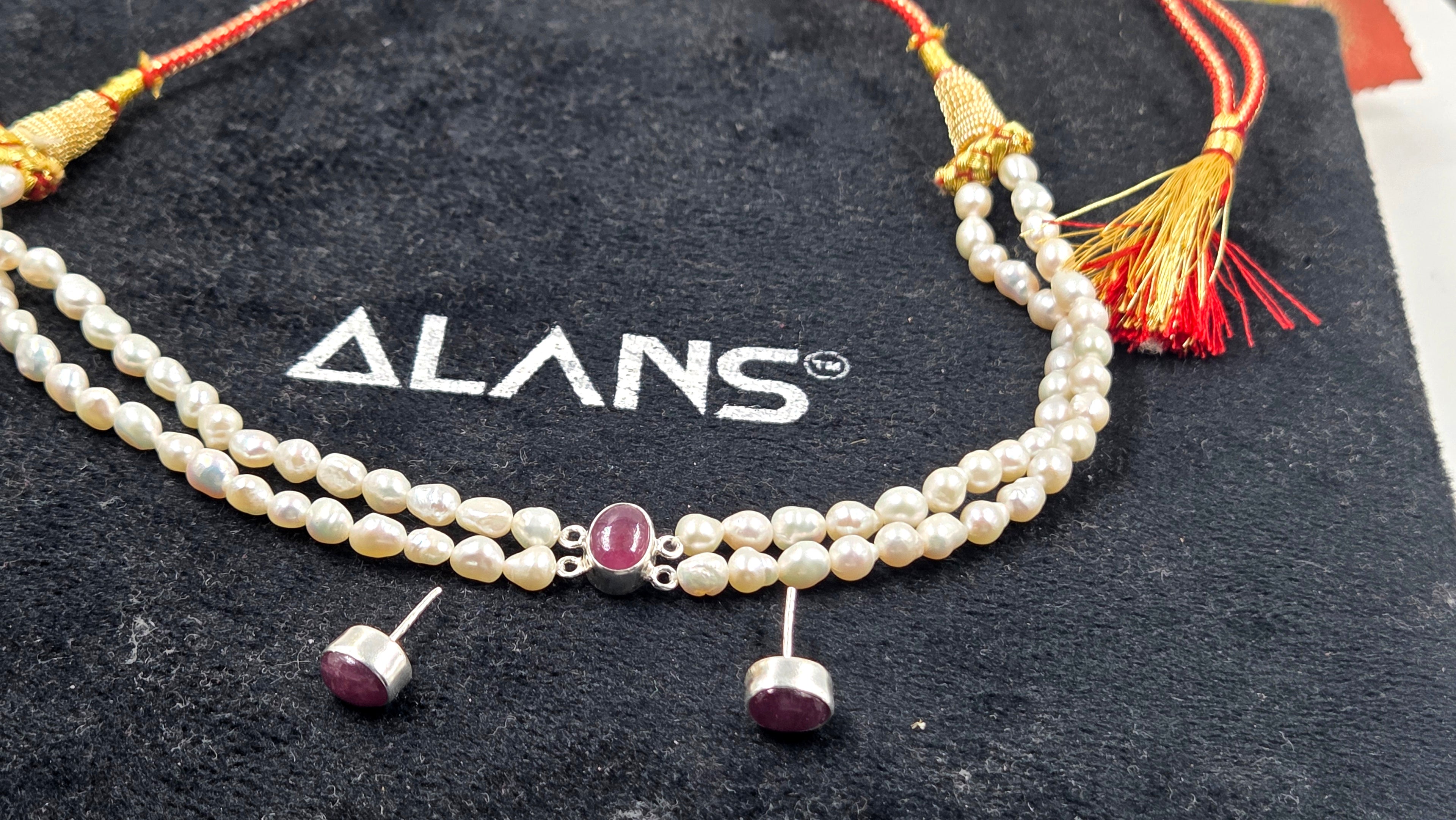 Freshwater Pearl & GF Ruby Double-Strand Choker Set with Earrings