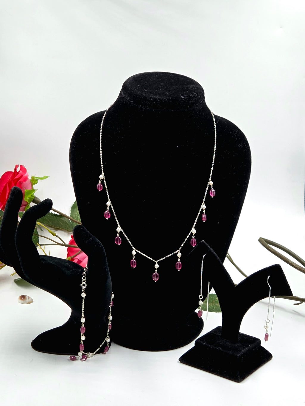 GF Ruby Drop Necklace, Bracelet & Earrings Set