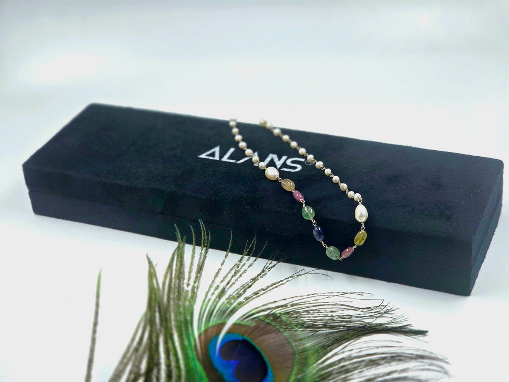 Natural Emerald & Gemstone Mix Necklace with Freshwater Pearls in Sterling Silver